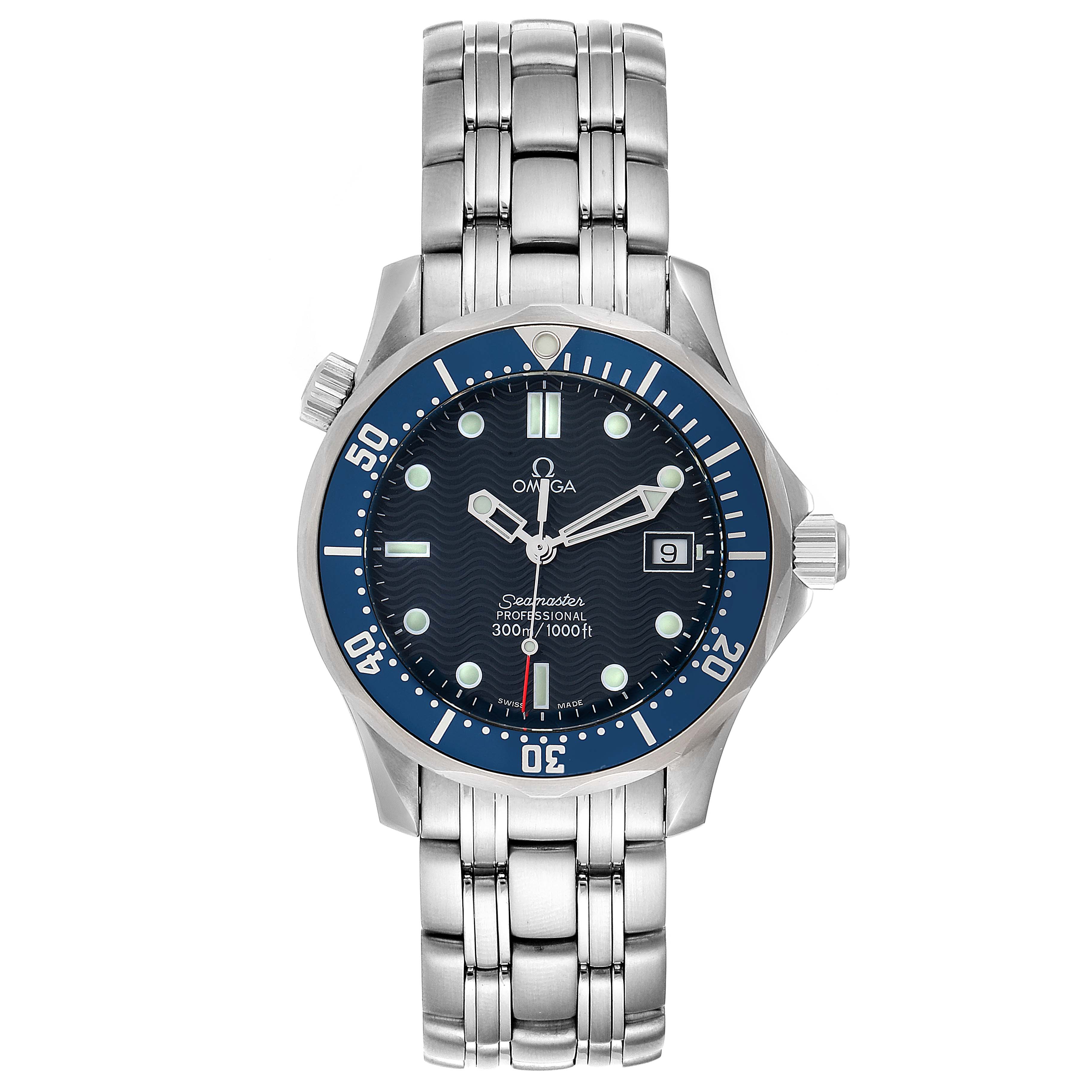 The image shows a front view of the Omega Seamaster 2561.80.00 Men
s Stainless Steel Blue Dial 2561.80.00 Men
s Stainless Steel Blue Dial watch, highlighting its face, bezel, crown, and stainless steel bracelet.
