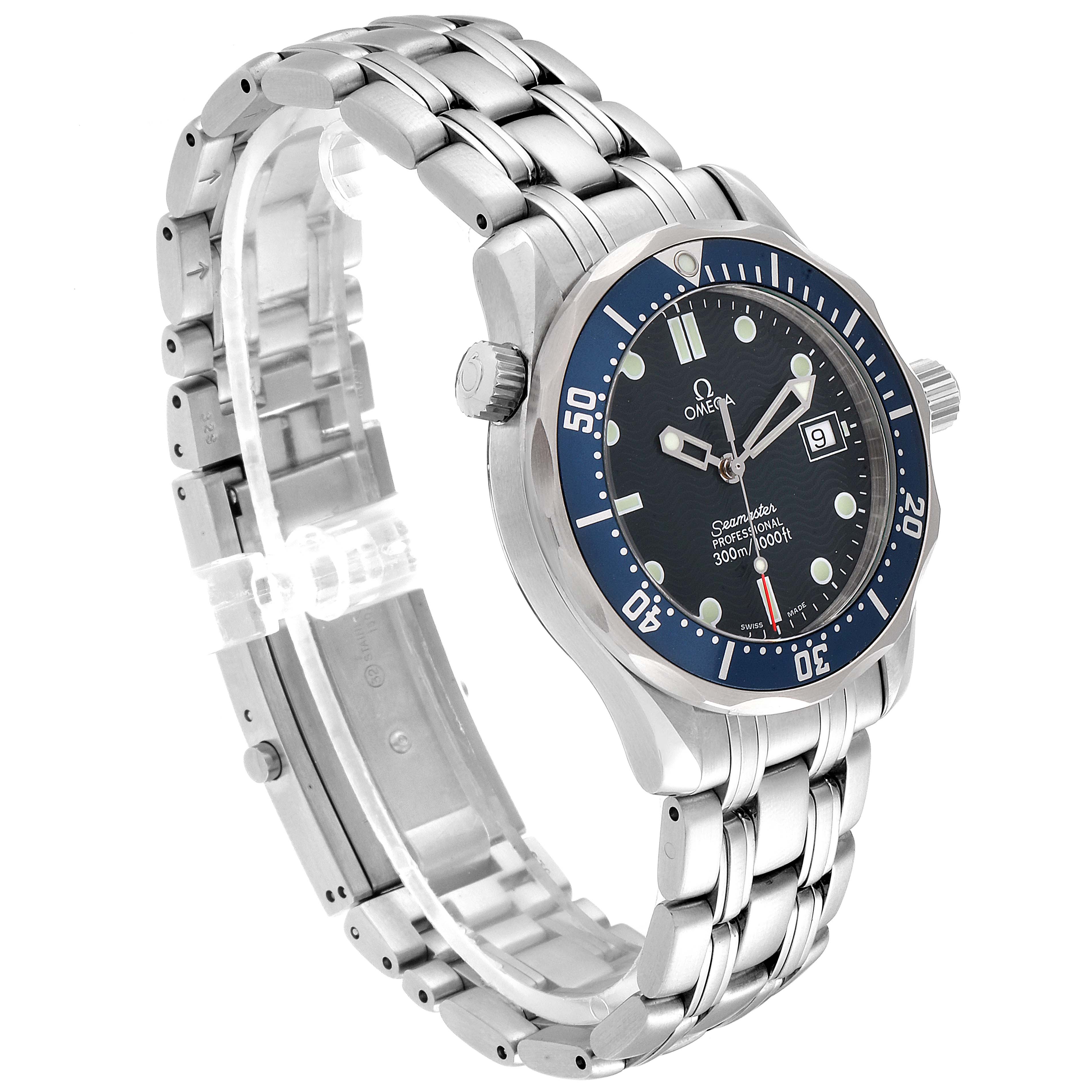 The image shows an Omega Seamaster 2561.80.00 Men
s Stainless Steel Blue Dial 2561.80.00 Men
s Stainless Steel Blue Dial watch at a slight angle, highlighting its face, bezel, case, bracelet, and clasp.