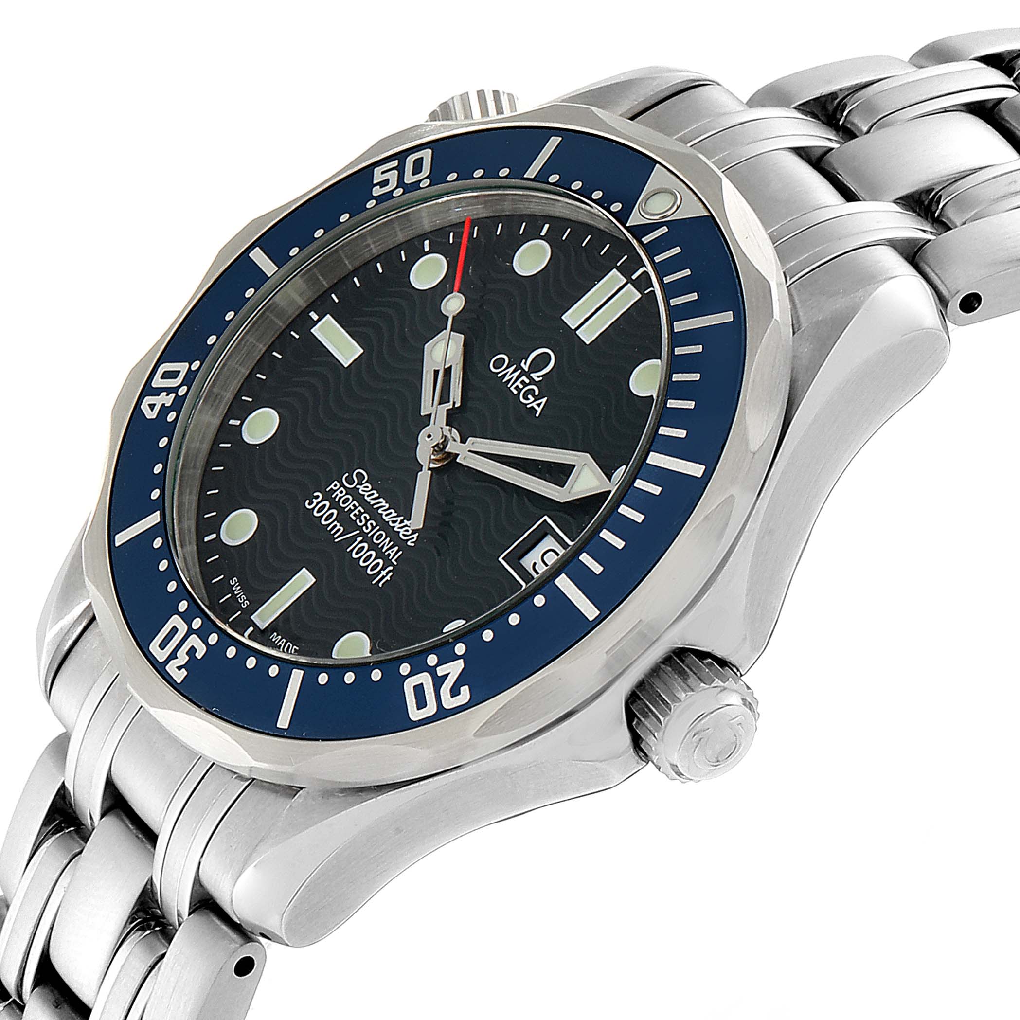 The Omega Seamaster 2561.80.00 Men
s Stainless Steel Blue Dial 2561.80.00 Men
s Stainless Steel Blue Dial watch is shown at an angle displaying its dial, bezel, crown, and part of the bracelet.
