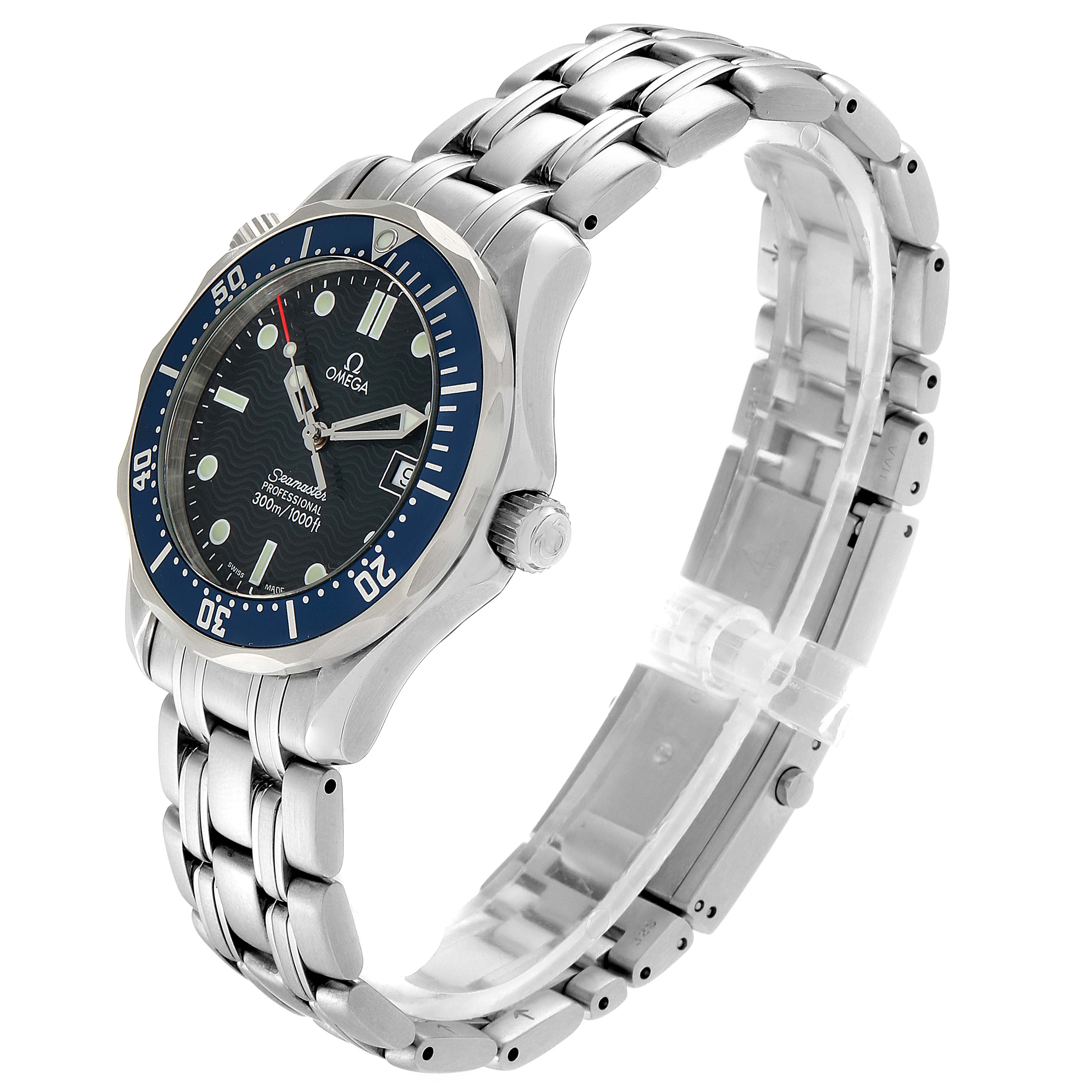 The Omega Seamaster 2561.80.00 Men
s Stainless Steel Blue Dial 2561.80.00 Men
s Stainless Steel Blue Dial watch is shown at a three-quarter angle, displaying its face, bezel, and metal bracelet.