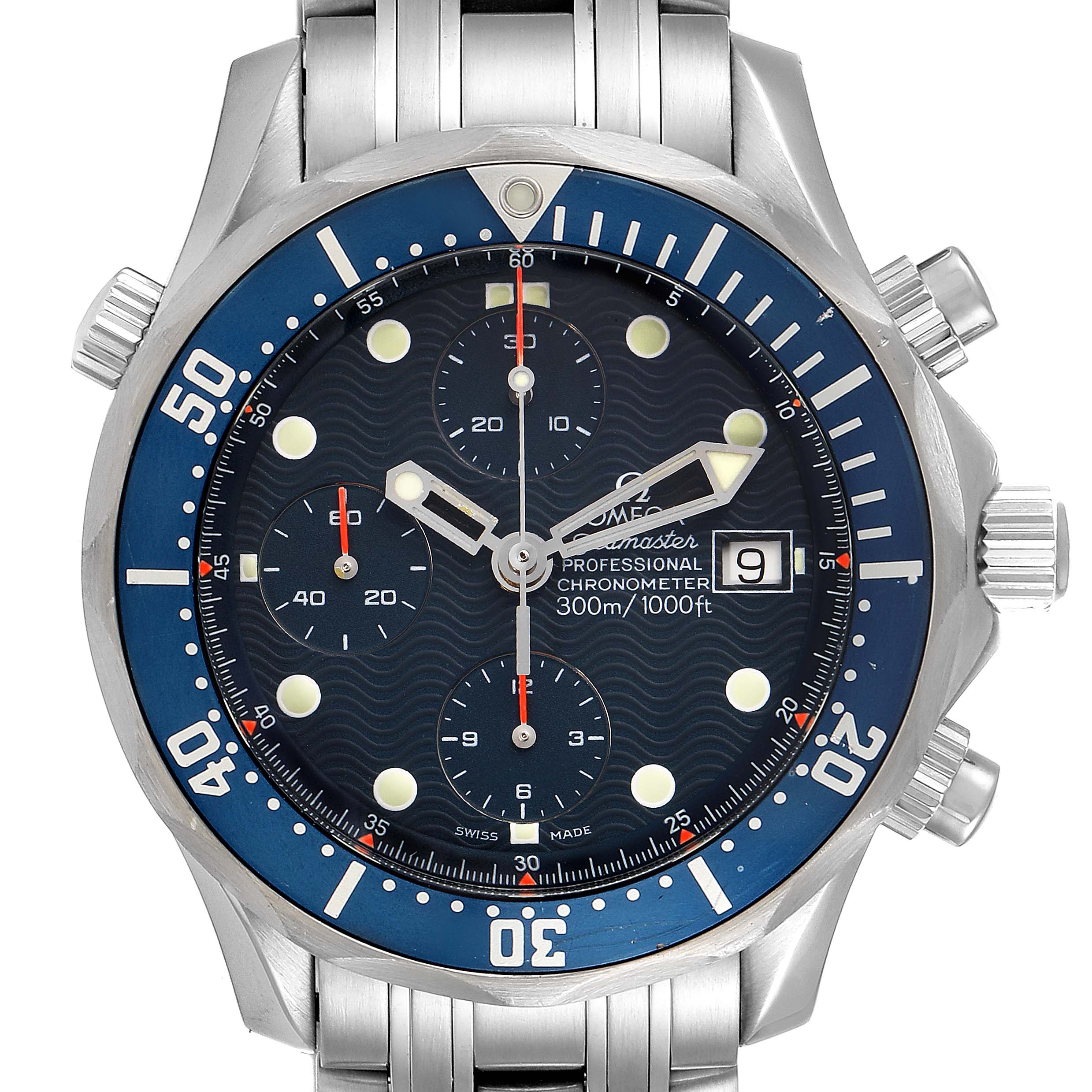 A frontal view of the Omega Seamaster 2599.80.00 Men
s Stainless Steel Blue Dial 2599.80.00 Men
s Stainless Steel Blue Dial watch showing the dial, bezel, hands, subdials, and part of the bracelet.