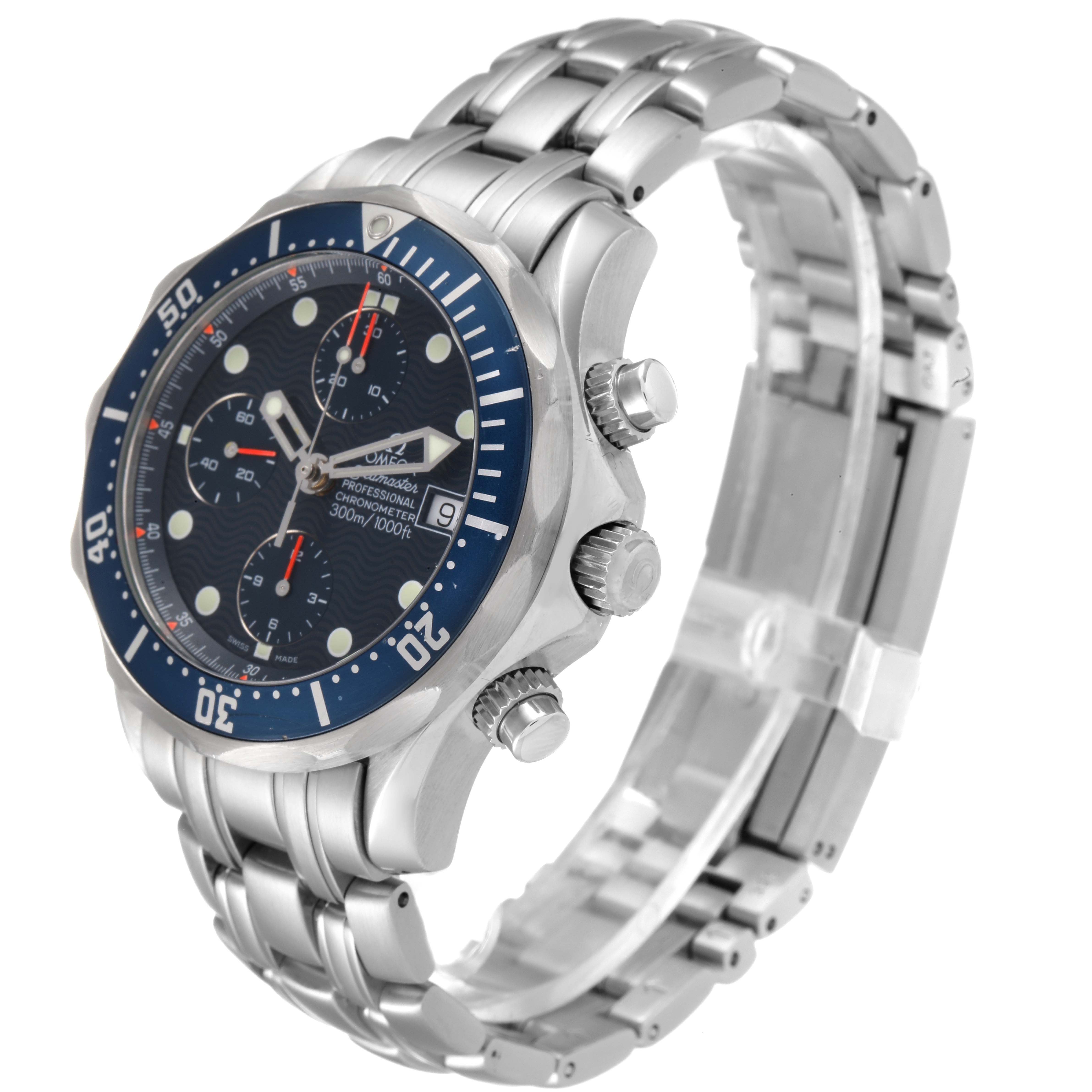 The image shows a side angle view of the Omega Seamaster 2599.80.00 Men
s Stainless Steel Blue Dial 2599.80.00 Men
s Stainless Steel Blue Dial watch, focusing on its face, bezel, pushers, and bracelet.