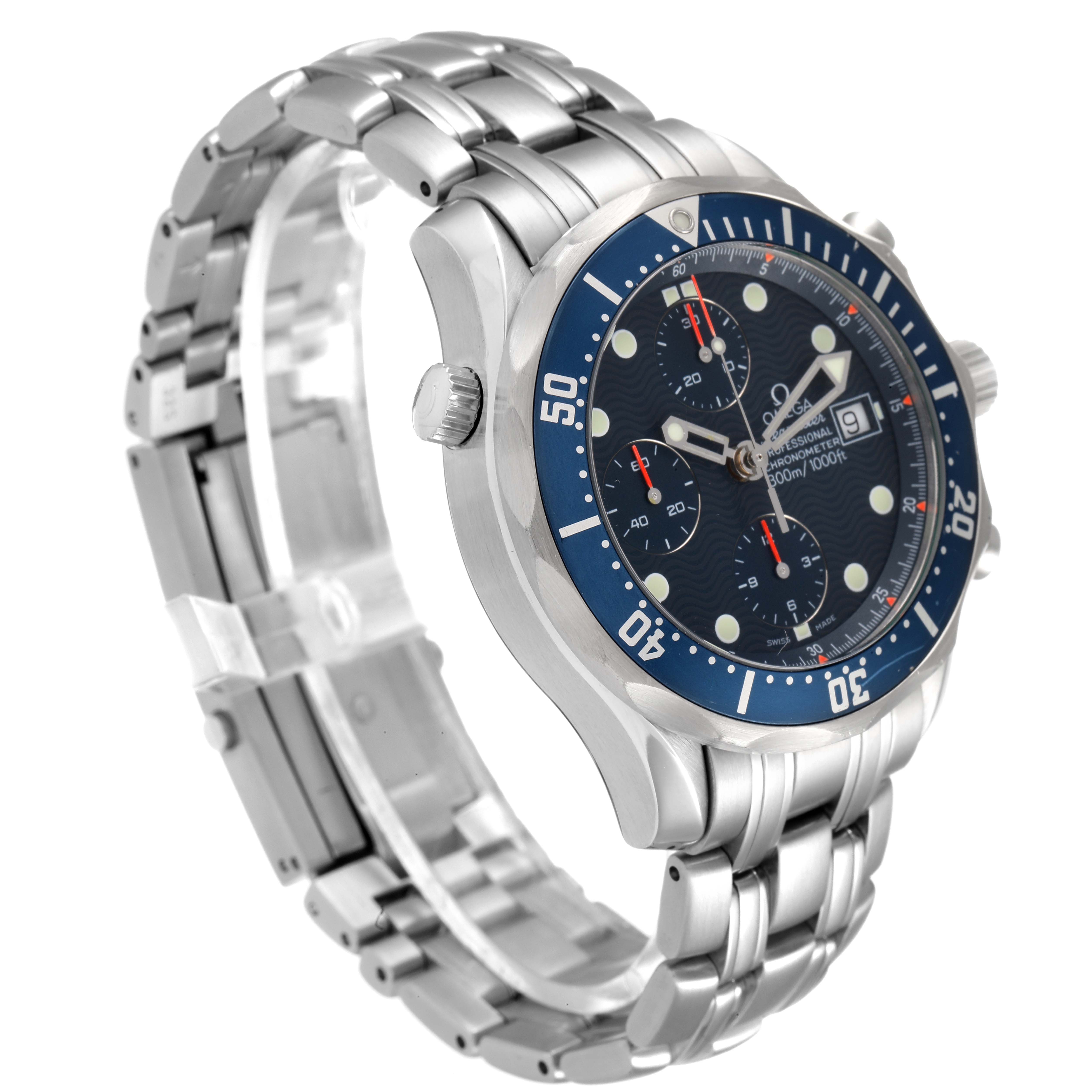 The image shows an Omega Seamaster 2599.80.00 Men
s Stainless Steel Blue Dial 2599.80.00 Men
s Stainless Steel Blue Dial watch at a three-quarter angle highlighting its face, bezel, crown, and metal bracelet.