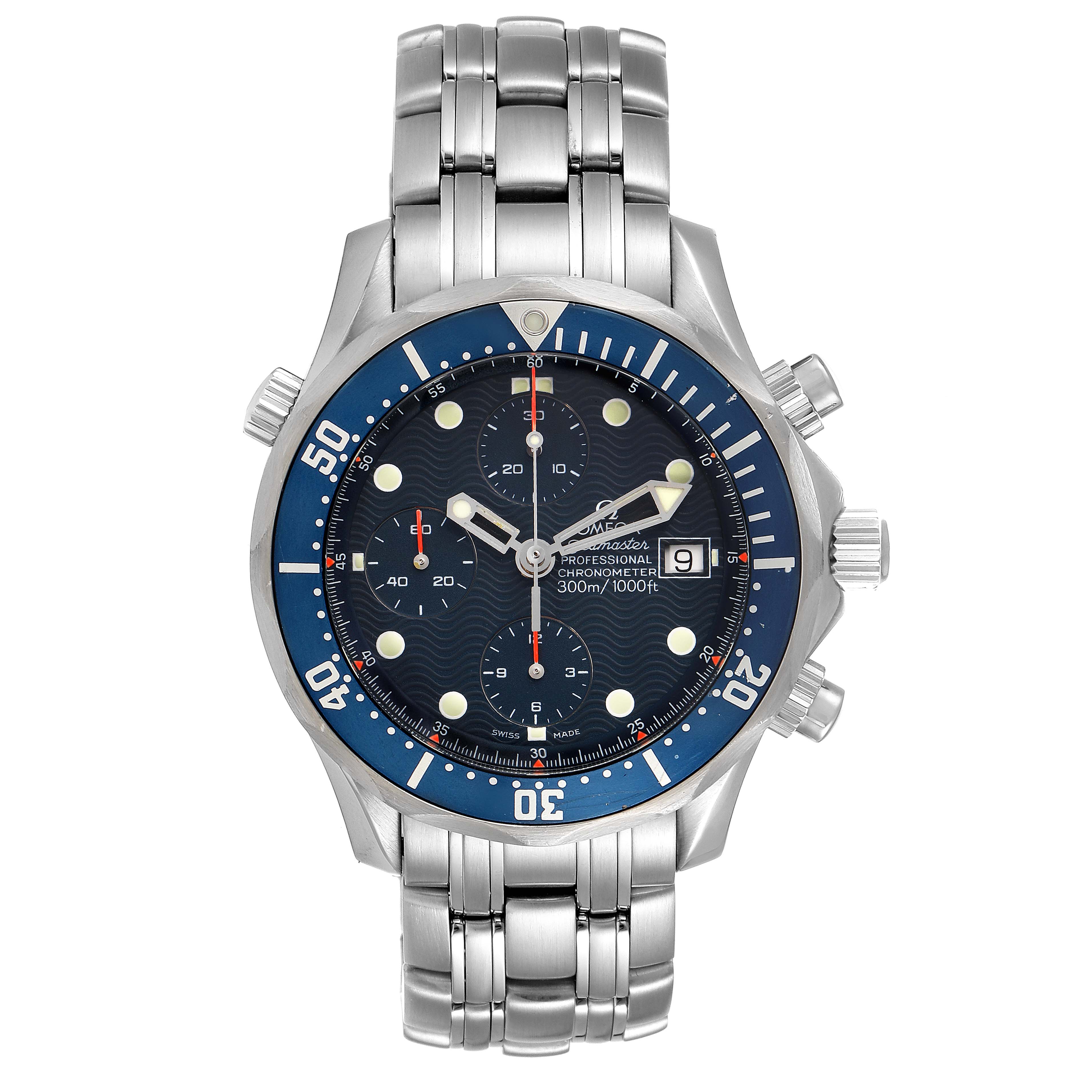 This image shows an Omega Seamaster 2599.80.00 Men
s Stainless Steel Blue Dial 2599.80.00 Men
s Stainless Steel Blue Dial watch from a front angle, highlighting its blue dial, bezel, chronograph sub-dials, and metal bracelet.