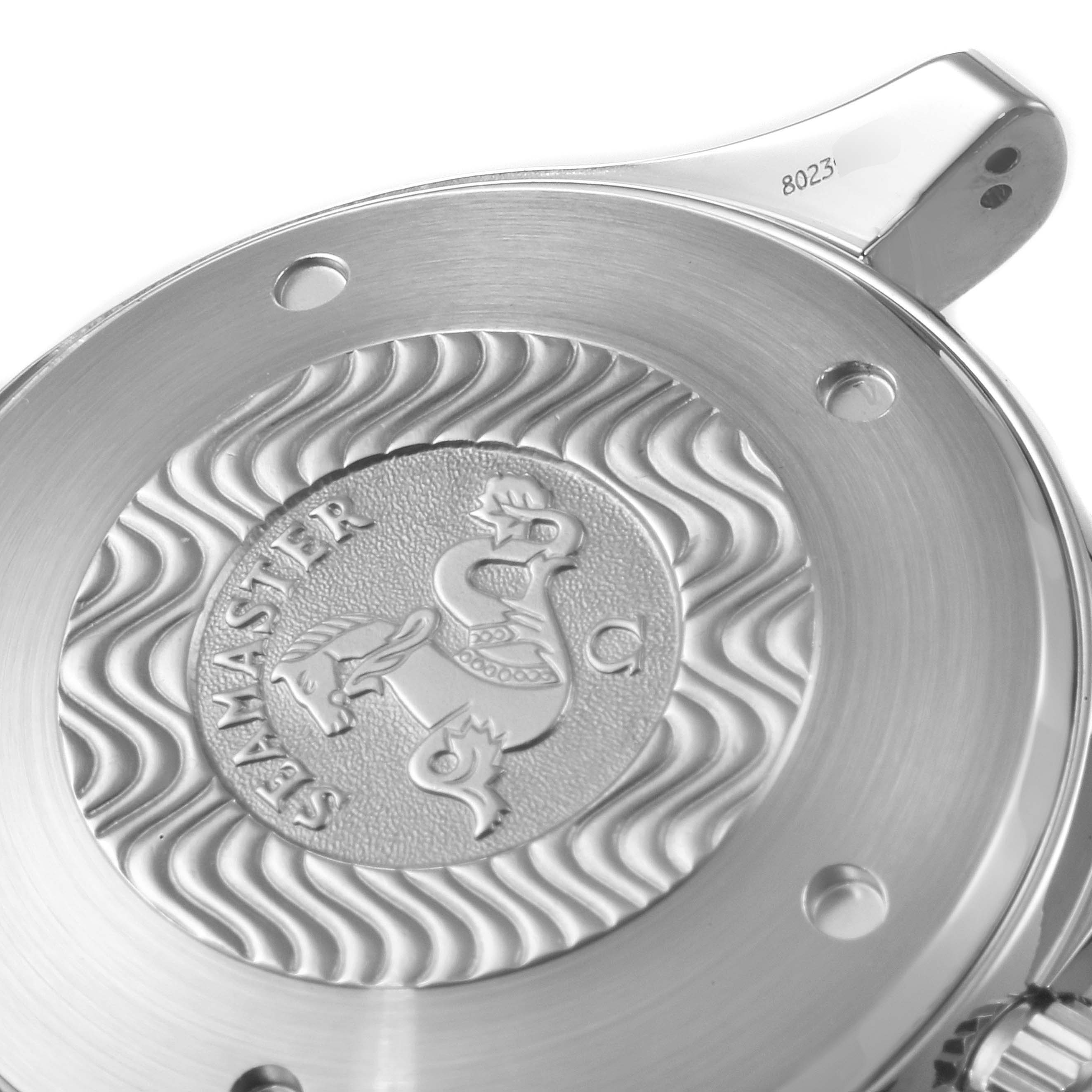 The image shows the case back of an Omega Seamaster 2598.80.00 Men's Stainless Steel Blue Dial 2598.80.00 Men's Stainless Steel Blue Dial watch with engraved details.