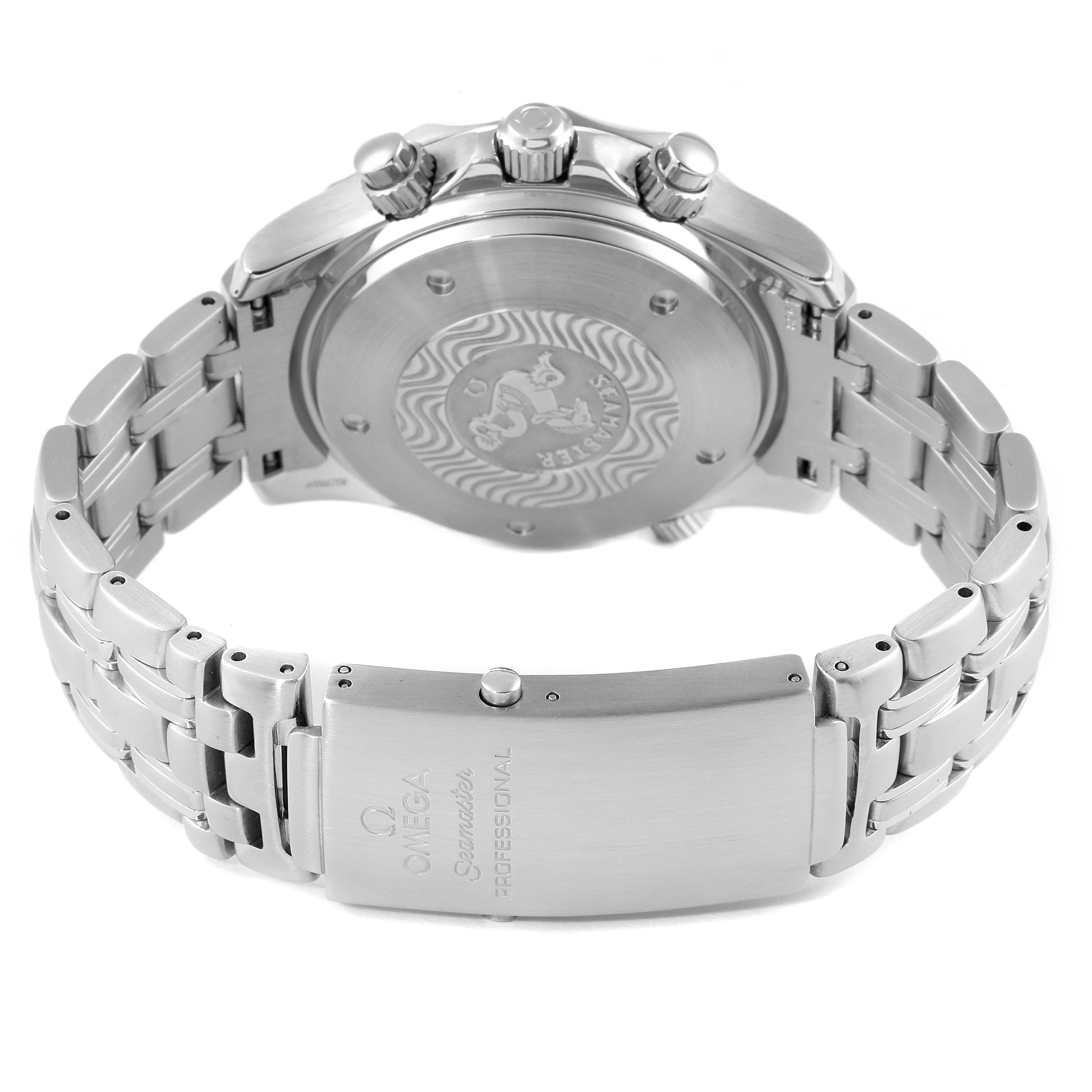 The image shows the back case and stainless steel bracelet of the Omega Seamaster 2598.80.00 Men's Stainless Steel Blue Dial 2598.80.00 Men's Stainless Steel Blue Dial watch, highlighting its clasp and crown.