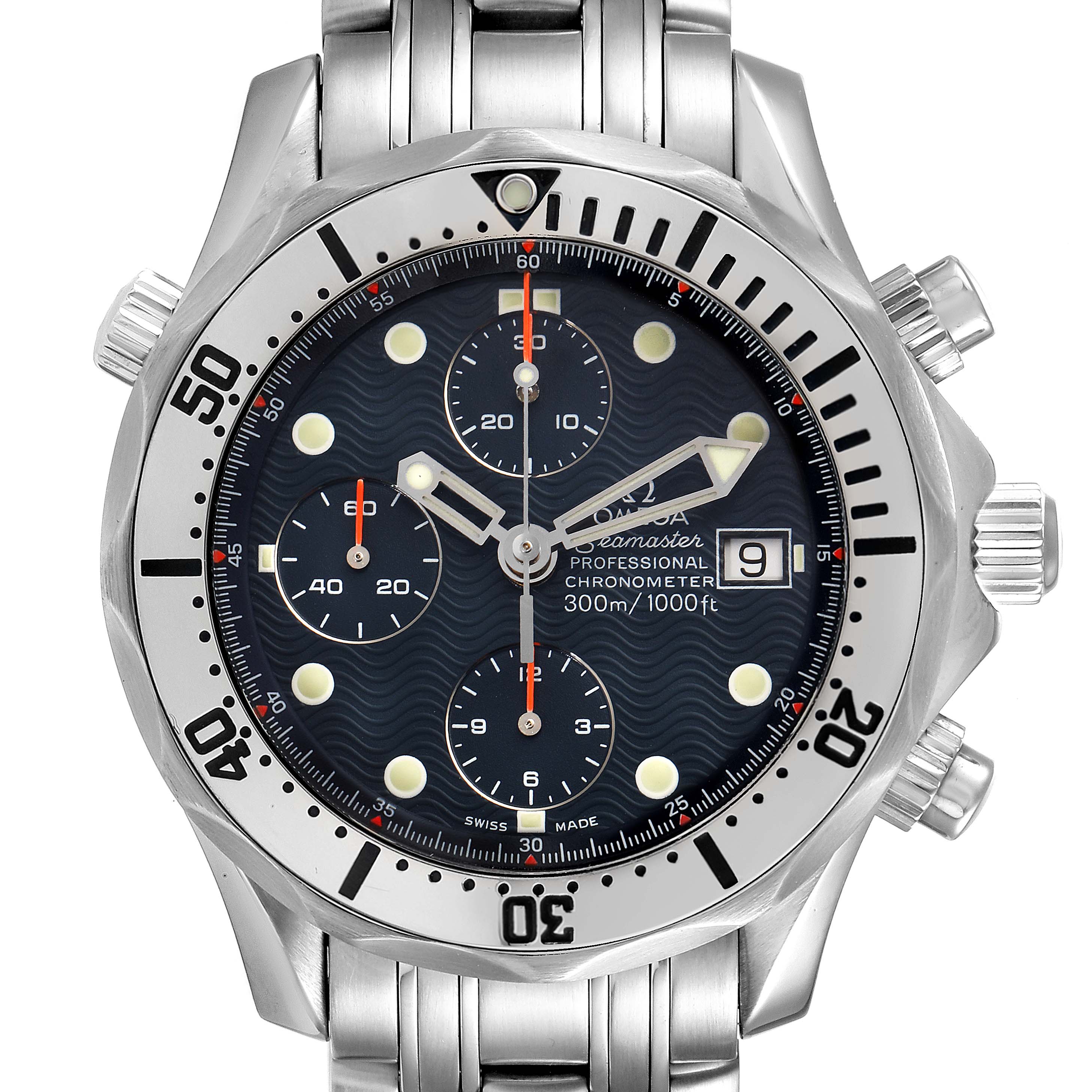 The image shows a front view of the Omega Seamaster 2598.80.00 Men's Stainless Steel Blue Dial 2598.80.00 Men's Stainless Steel Blue Dial watch, highlighting its dial, bezel, subdials, date window, and bracelet.