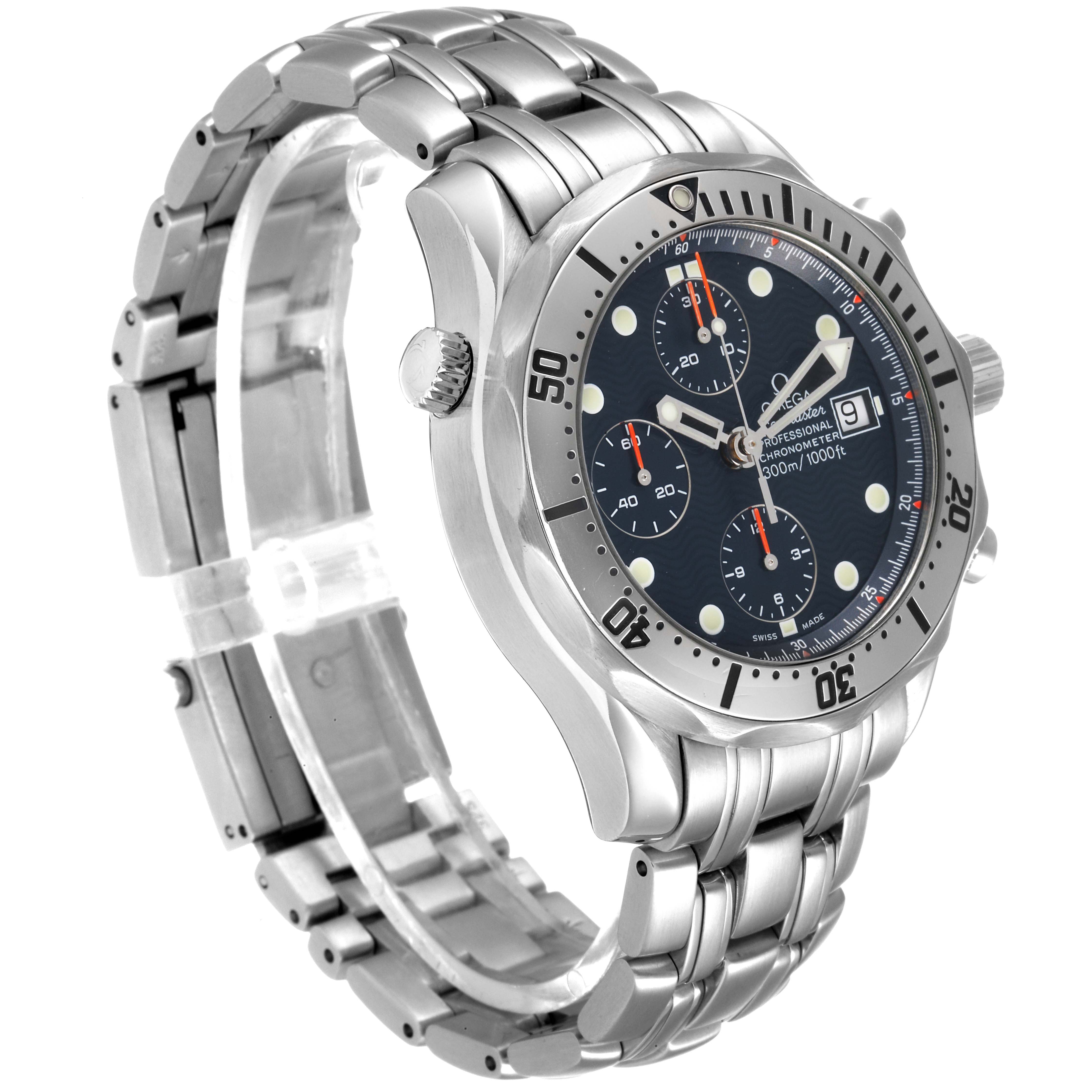This photo shows an Omega Seamaster 2598.80.00 Men's Stainless Steel Blue Dial 2598.80.00 Men's Stainless Steel Blue Dial watch at an angle highlighting the bracelet, bezel, and face with a focus on the dial and sub-dials.
