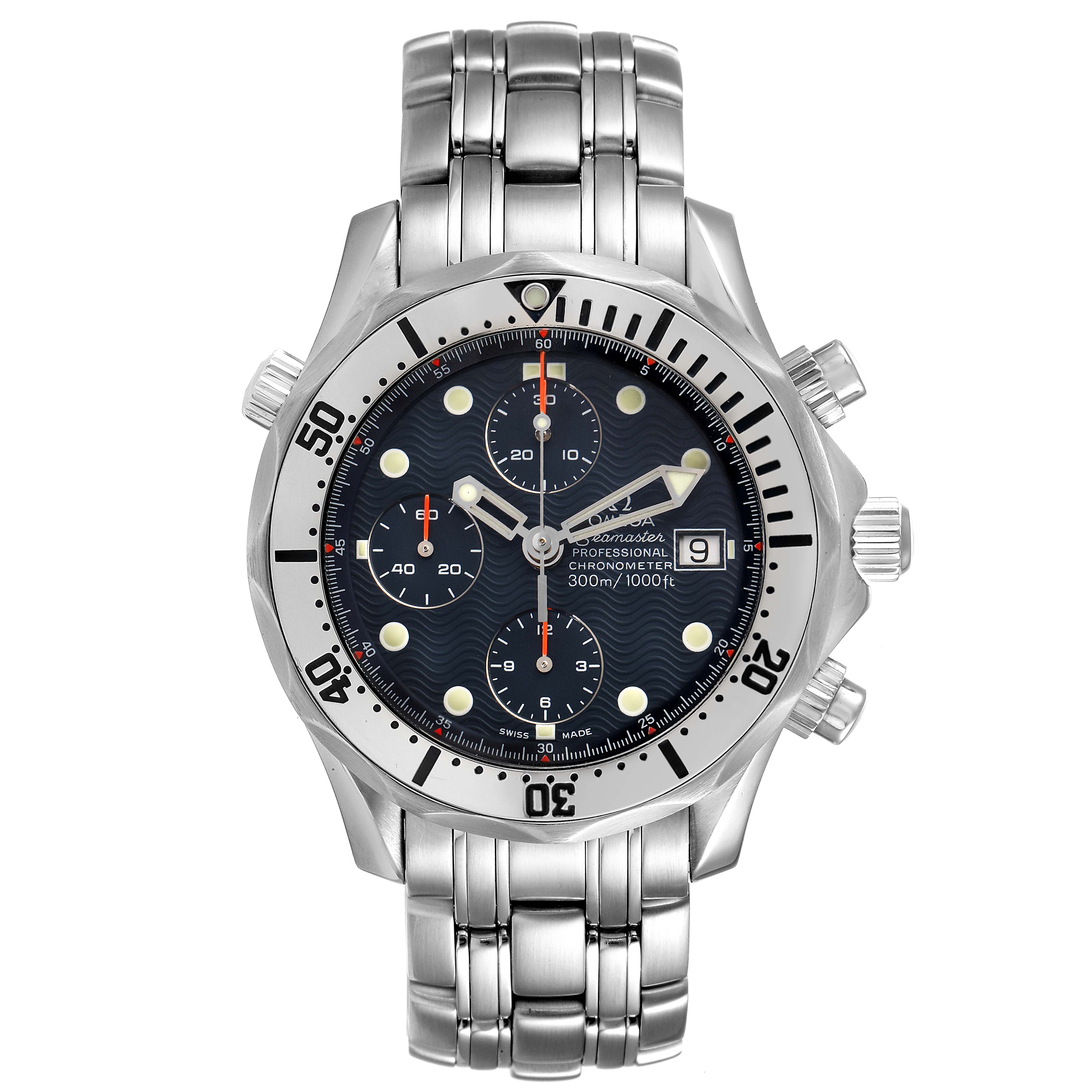 The Omega Seamaster 2598.80.00 Men's Stainless Steel Blue Dial 2598.80.00 Men's Stainless Steel Blue Dial watch is shown from a front angle, displaying its dial, bezel, bracelet, and pushers.