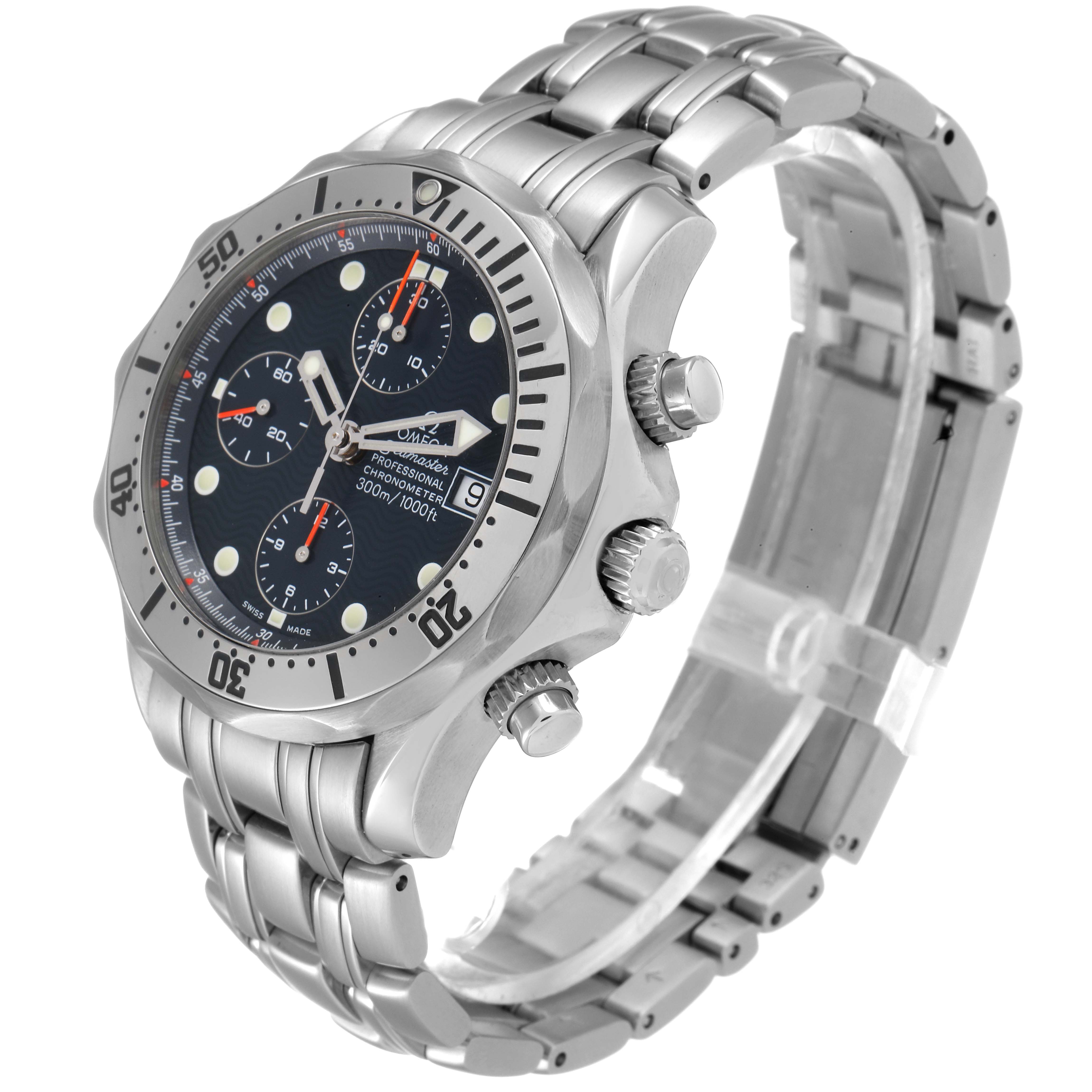 The Omega Seamaster 2598.80.00 Men's Stainless Steel Blue Dial 2598.80.00 Men's Stainless Steel Blue Dial watch is shown at an angle highlighting its face, side buttons, and metal bracelet.