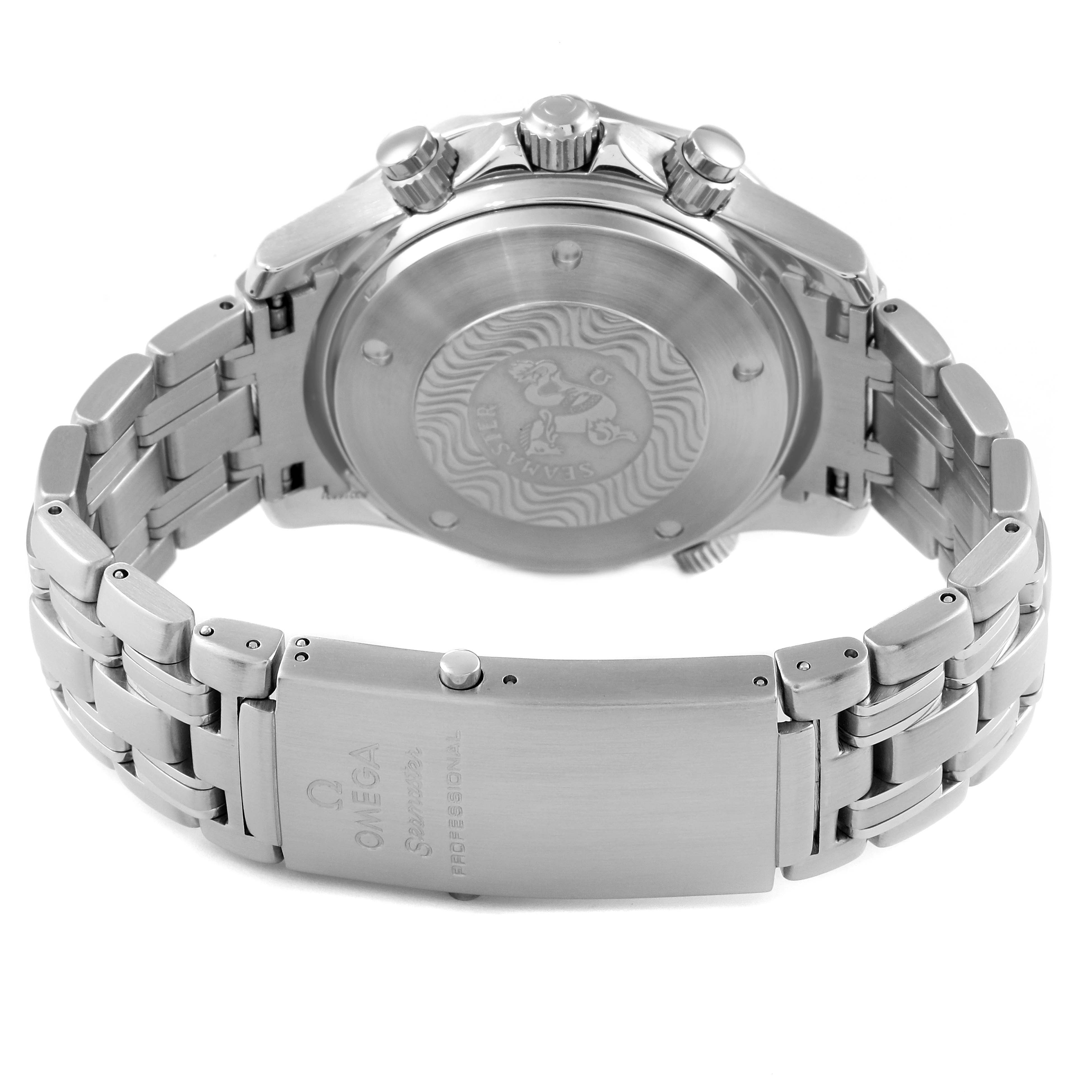 The image shows the back case and clasp of the Omega Seamaster 2598.80.00 Men
s Stainless Steel Blue Dial 2598.80.00 Men
s Stainless Steel Blue Dial watch, highlighting the bracelet and engraved case back.