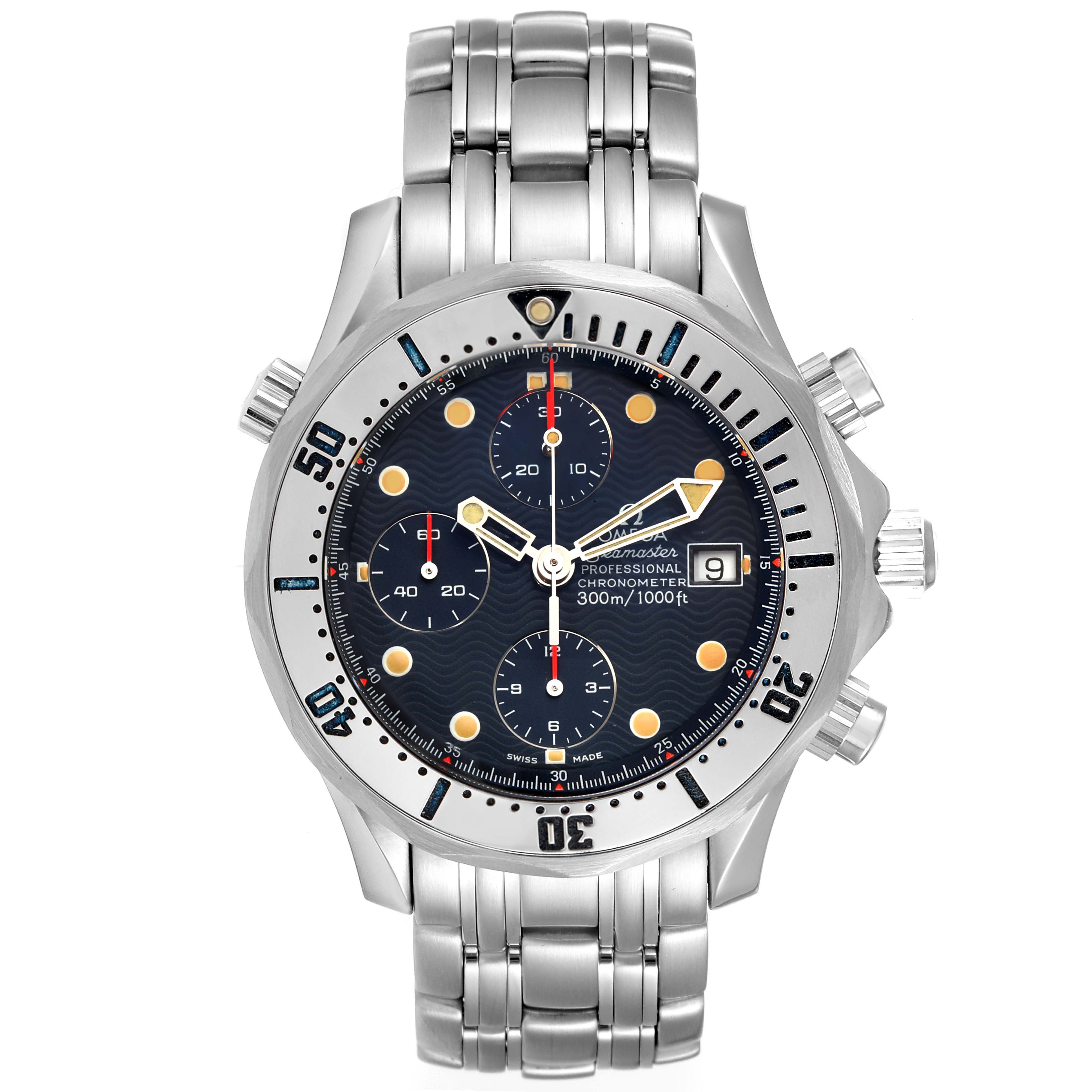 The Omega Seamaster 2598.80.00 Men
s Stainless Steel Blue Dial 2598.80.00 Men
s Stainless Steel Blue Dial watch is shown from a front angle, highlighting its face, bezel, bracelet, and side buttons.