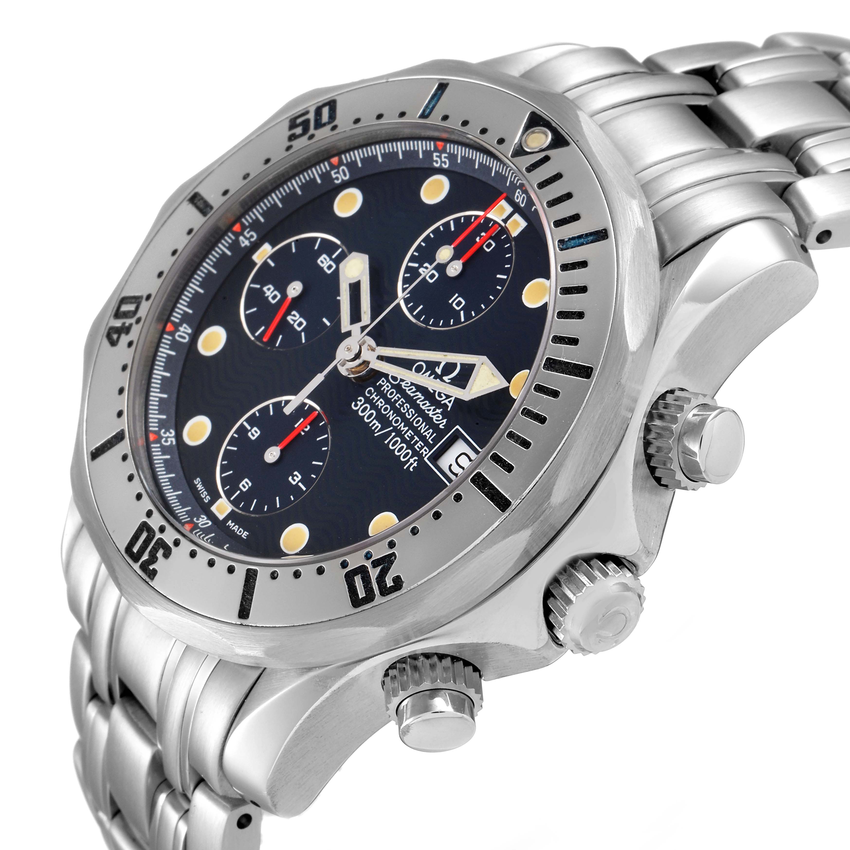 This Omega Seamaster 2598.80.00 Men
s Stainless Steel Blue Dial 2598.80.00 Men
s Stainless Steel Blue Dial watch is shown at a three-quarter angle, displaying the bezel, face, chronograph dials, crown, and bracelet.