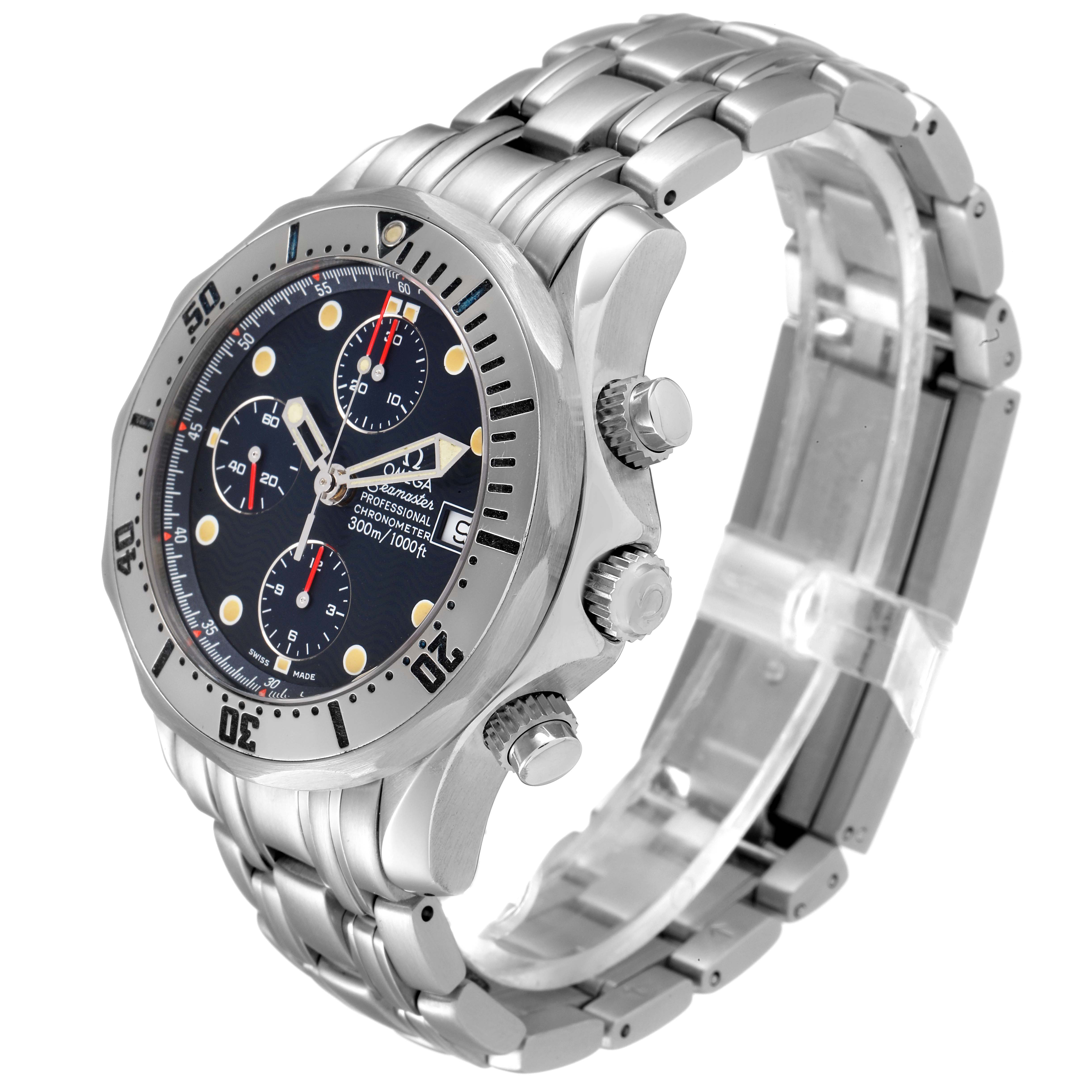 This image shows a left-side angled view of the Omega Seamaster 2598.80.00 Men
s Stainless Steel Blue Dial 2598.80.00 Men
s Stainless Steel Blue Dial watch, highlighting its face, bezel, buttons, and metal bracelet.