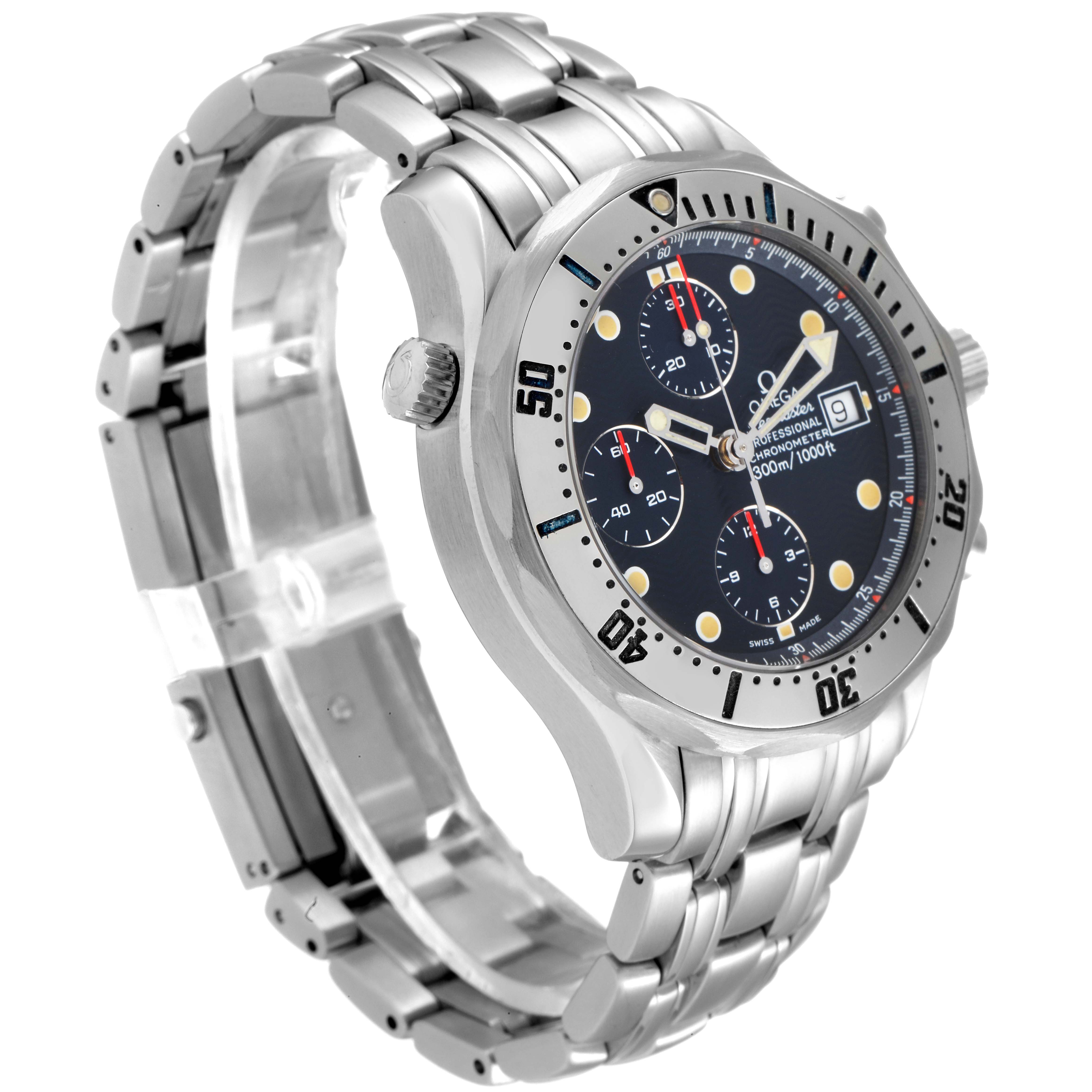 The image shows an Omega Seamaster 2598.80.00 Men
s Stainless Steel Blue Dial 2598.80.00 Men
s Stainless Steel Blue Dial watch at a three-quarter angle, highlighting the bracelet, bezel, crown, and dial.