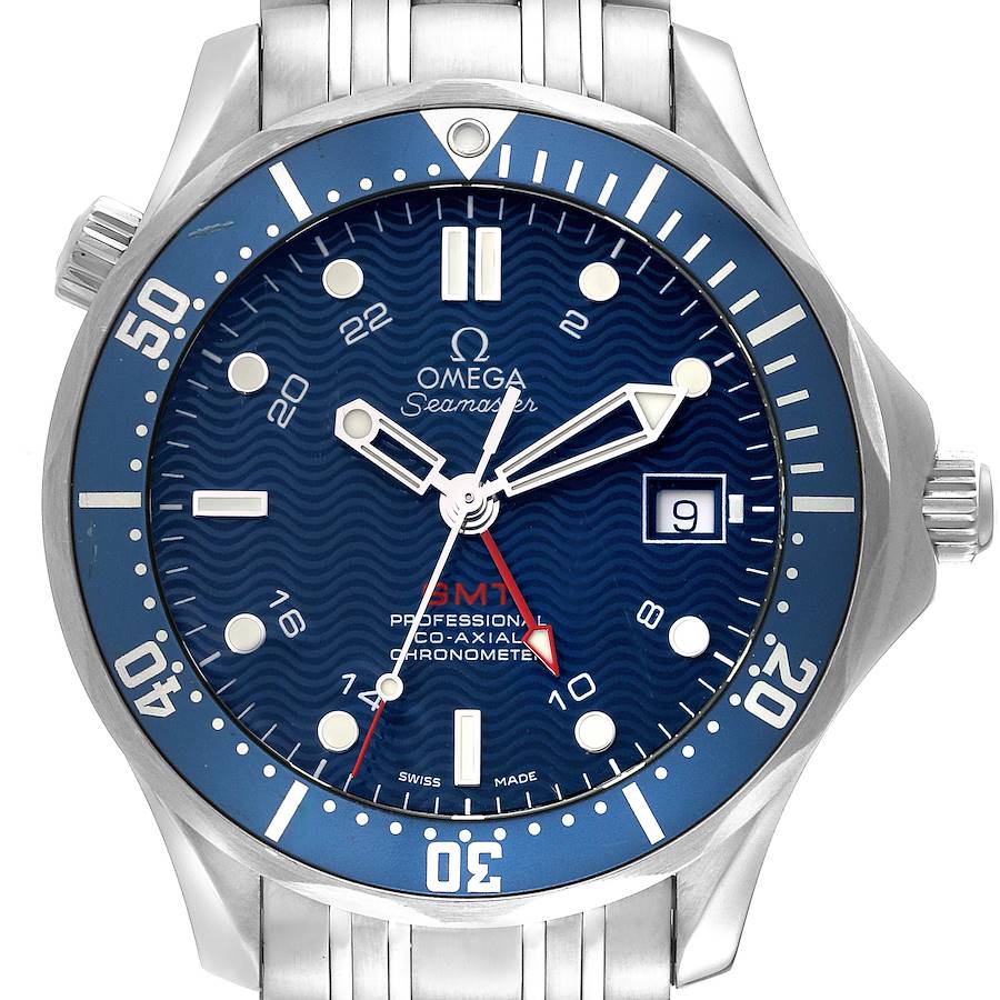 This image shows a front view of the Omega Seamaster watch, highlighting the dial, bezel, hands, date window, and part of the bracelet.