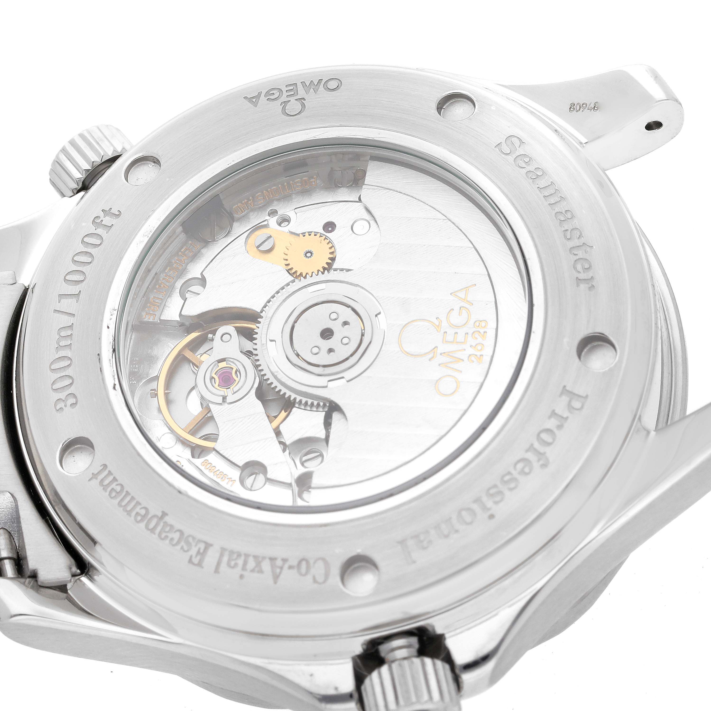 This image shows the open back of an Omega Seamaster 2535.80.00 Men's Stainless Steel Blue Dial 2535.80.00 Men's Stainless Steel Blue Dial watch, revealing the internal movement and gears.