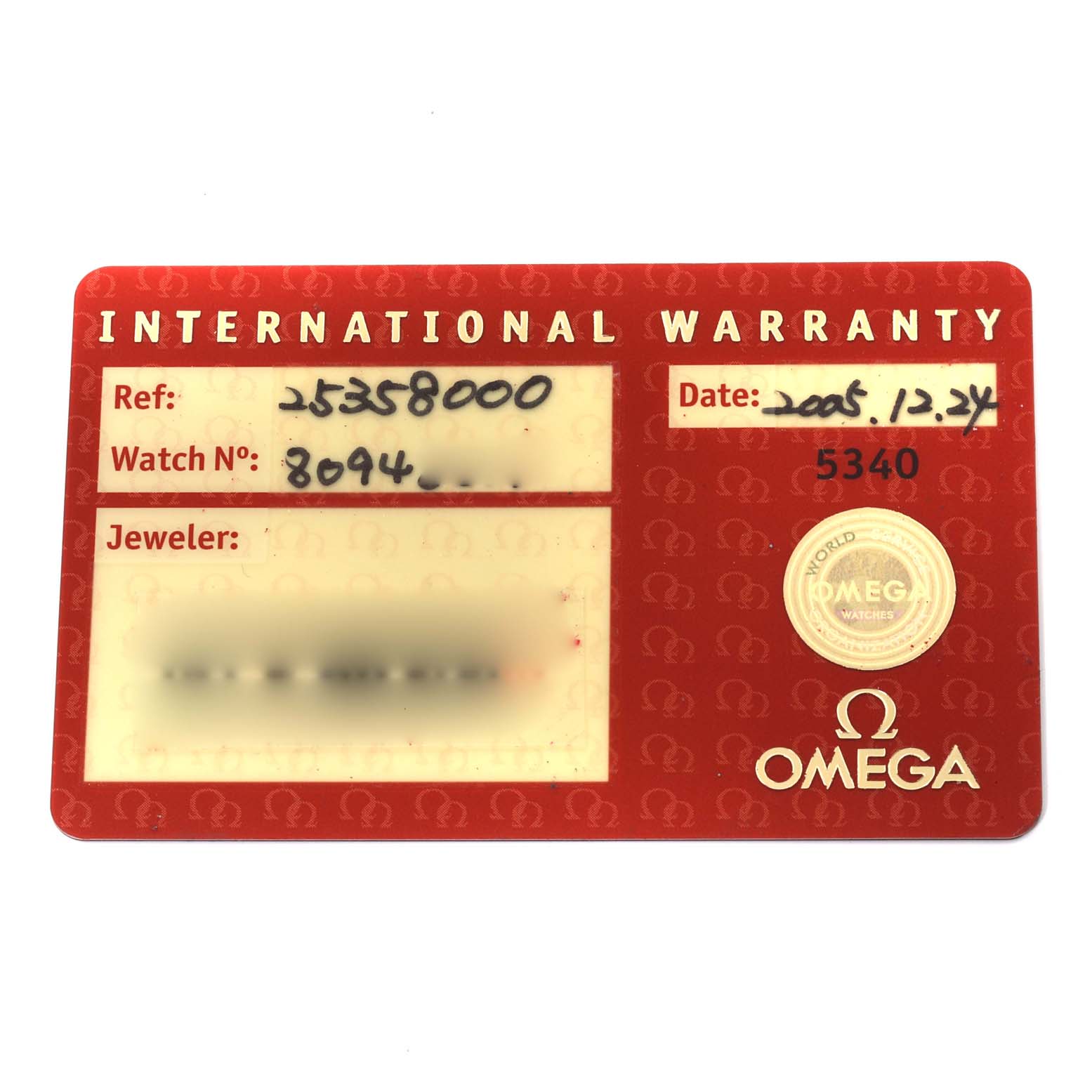 This image shows the International Warranty card for an Omega Seamaster 2535.80.00 Men's Stainless Steel Blue Dial 2535.80.00 Men's Stainless Steel Blue Dial watch.
