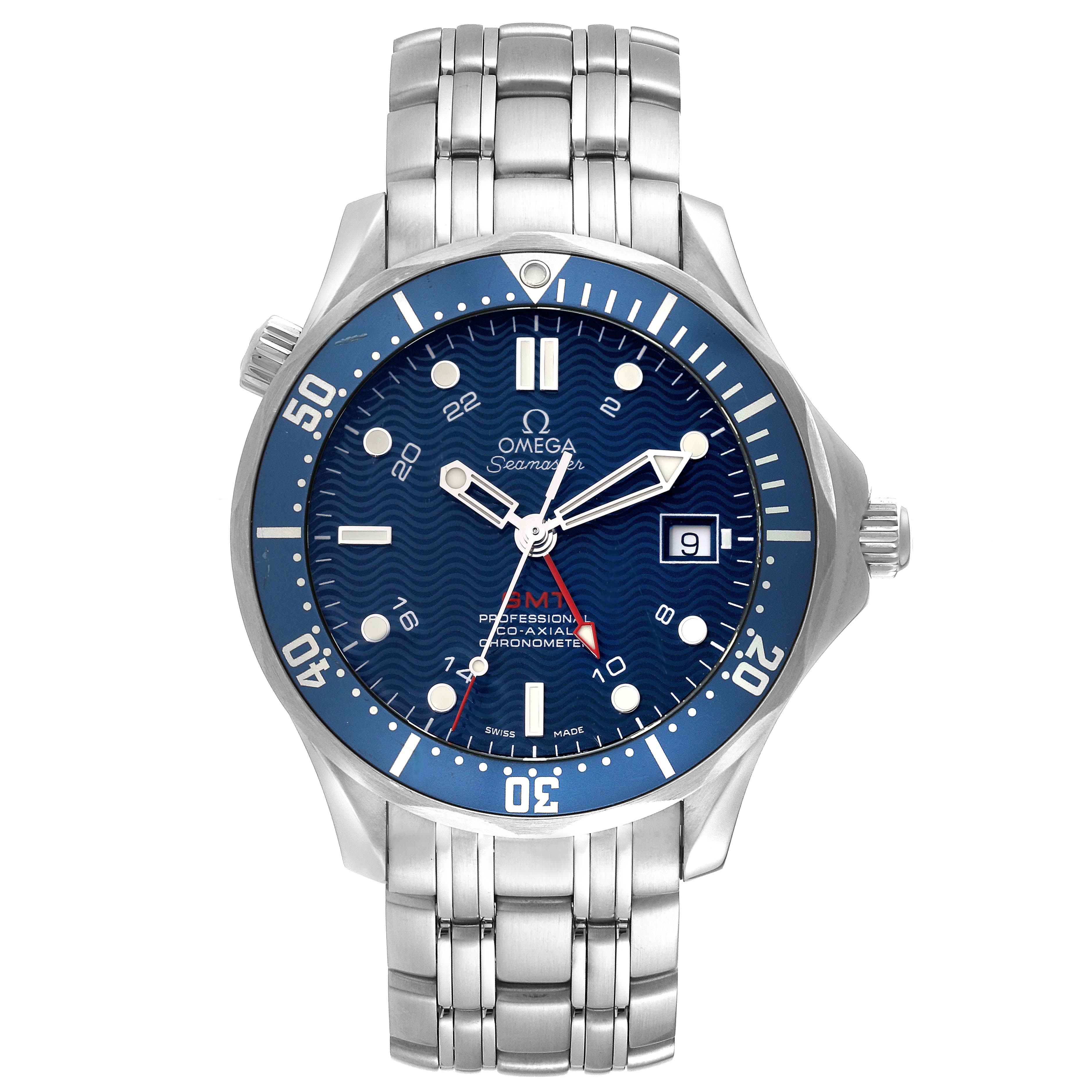 The Omega Seamaster 2535.80.00 Men's Stainless Steel Blue Dial 2535.80.00 Men's Stainless Steel Blue Dial watch is shown from a frontal angle, displaying its blue dial, stainless steel bracelet, and luminescent markers.