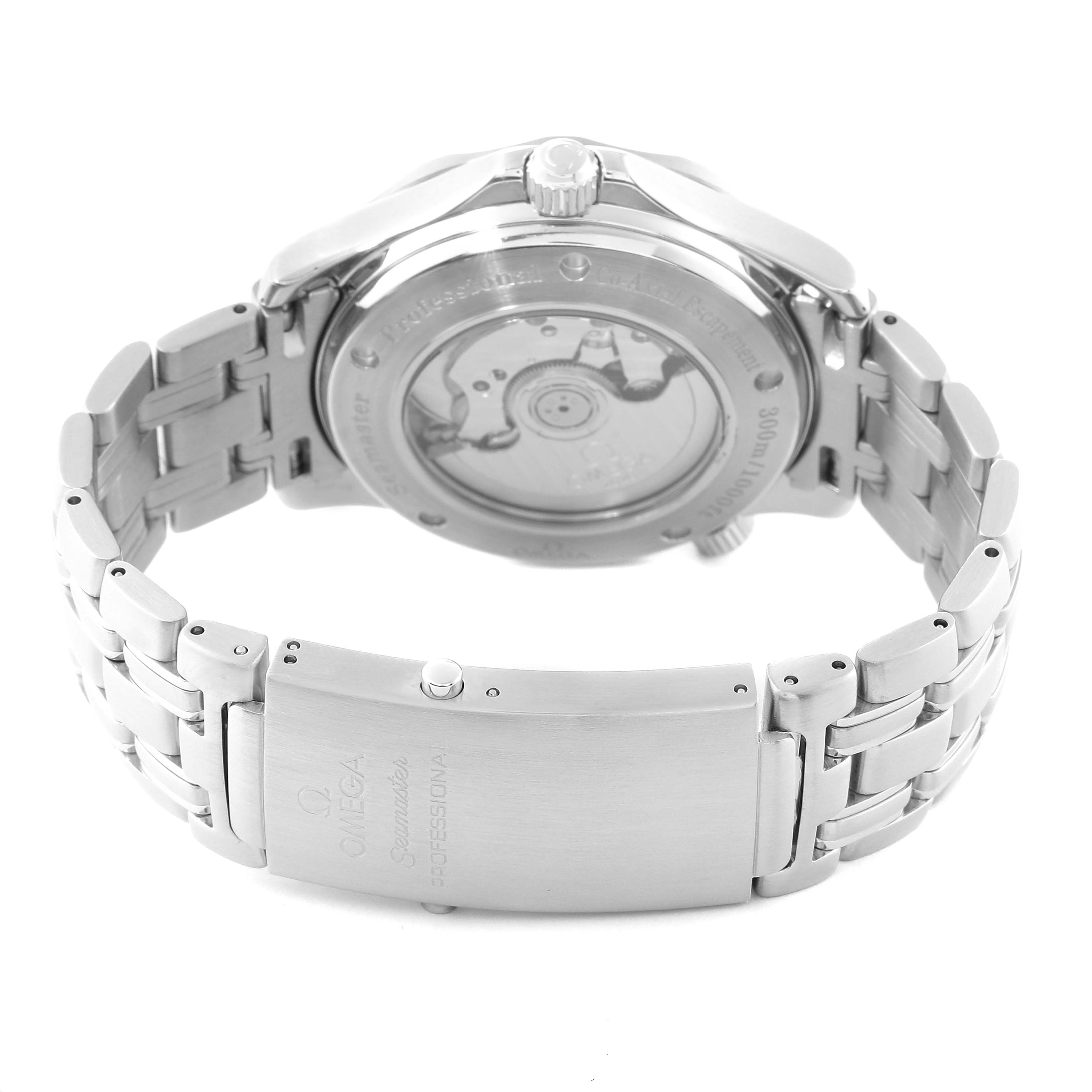 The image shows the back view of the Omega Seamaster 2535.80.00 Men's Stainless Steel Blue Dial 2535.80.00 Men's Stainless Steel Blue Dial watch, highlighting the stainless steel bracelet, clasp, and transparent case back.