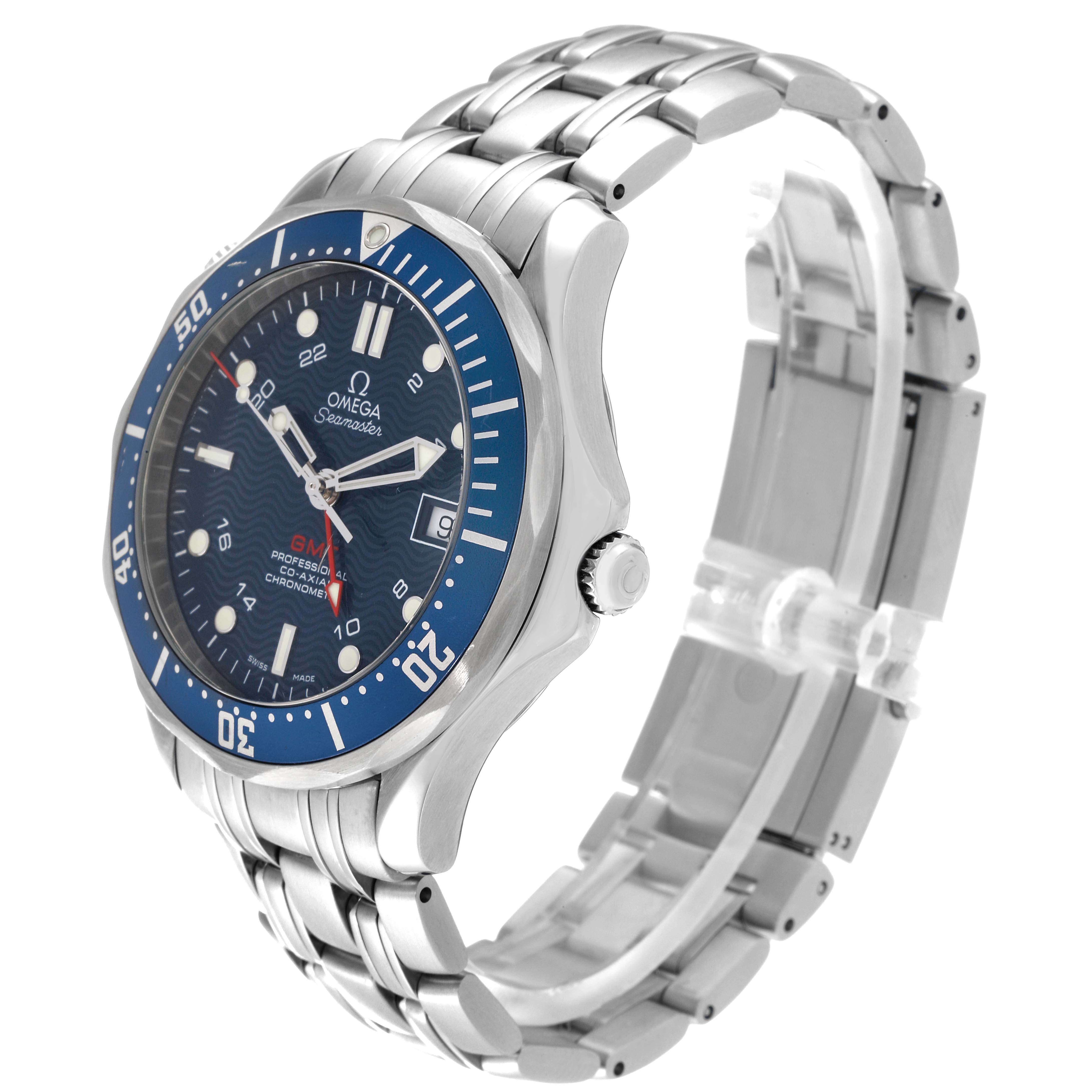 The Omega Seamaster 2535.80.00 Men's Stainless Steel Blue Dial 2535.80.00 Men's Stainless Steel Blue Dial watch is shown at a three-quarter angle, displaying the face, bezel, crown, and bracelet.
