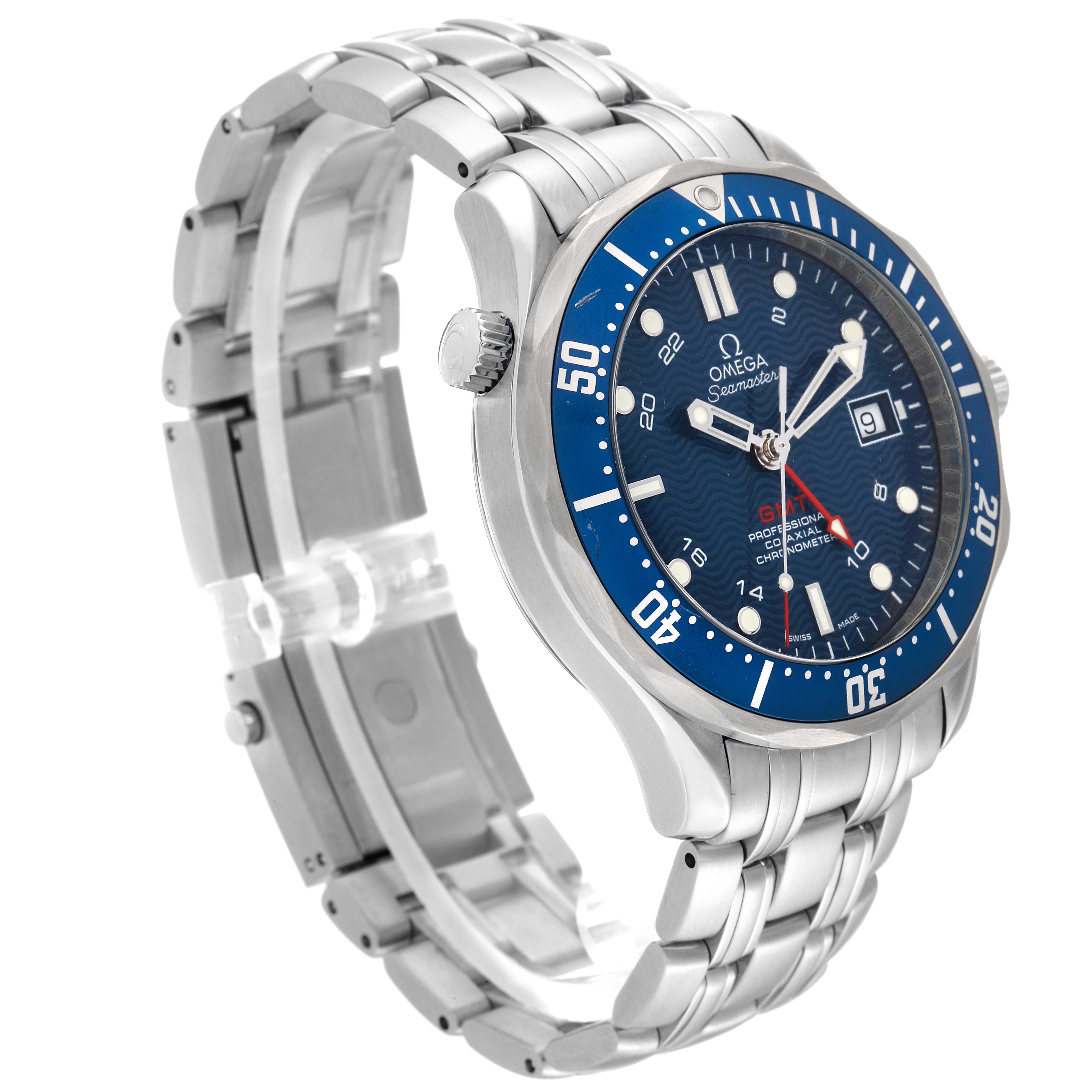This image shows a side angle of the Omega Seamaster 2535.80.00 Men's Stainless Steel Blue Dial 2535.80.00 Men's Stainless Steel Blue Dial watch, highlighting the blue dial, bezel, and stainless steel bracelet.