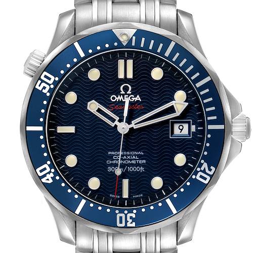 The Omega Seamaster 2220.80.00 Men's Stainless Steel Blue Dial watch is shown from the front, highlighting the dial, bezel, bracelet, and date window.