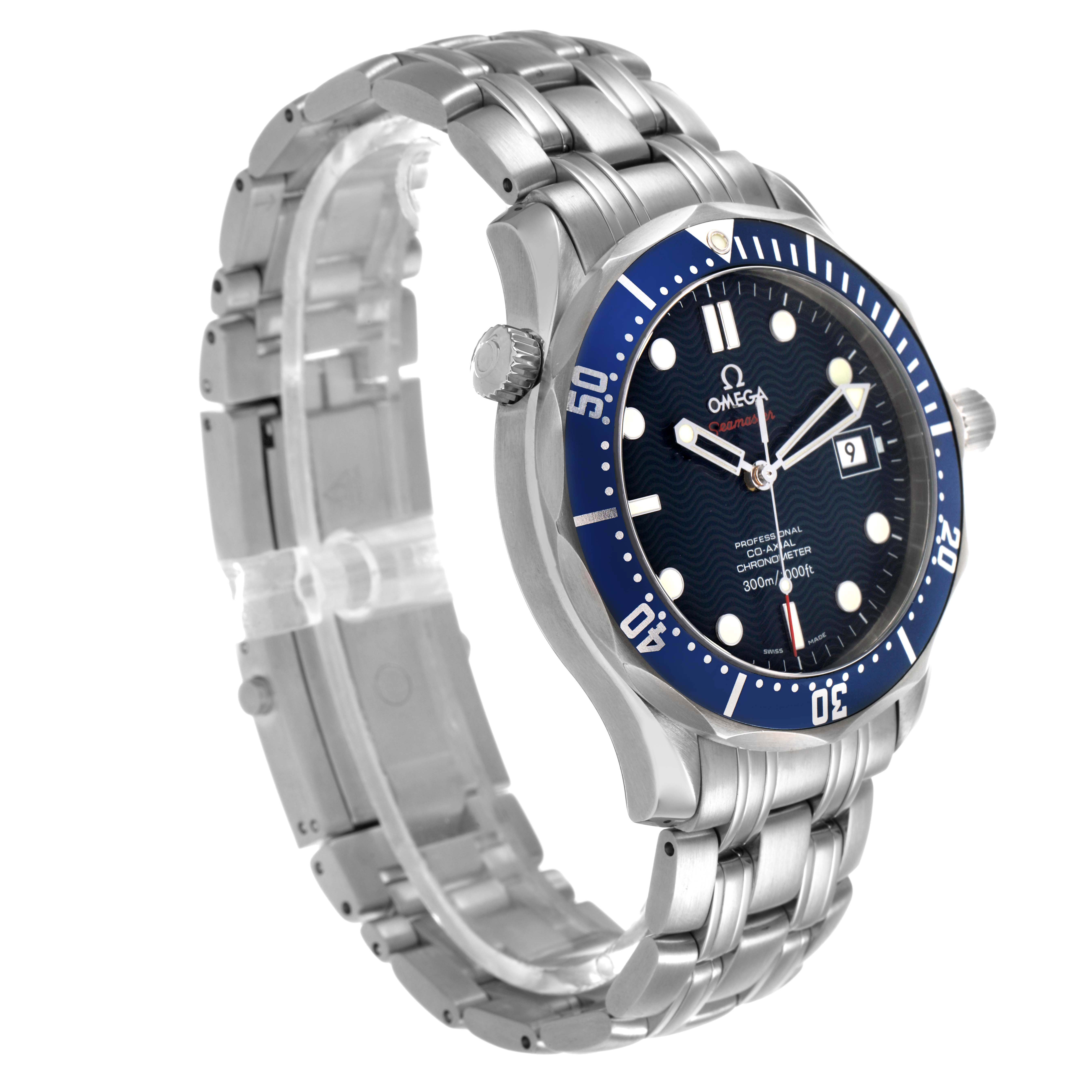 The Omega Seamaster 2220.80.00 Men's Stainless Steel Blue Dial watch is shown at a side angle, highlighting the bracelet, case, dial, and bezel.