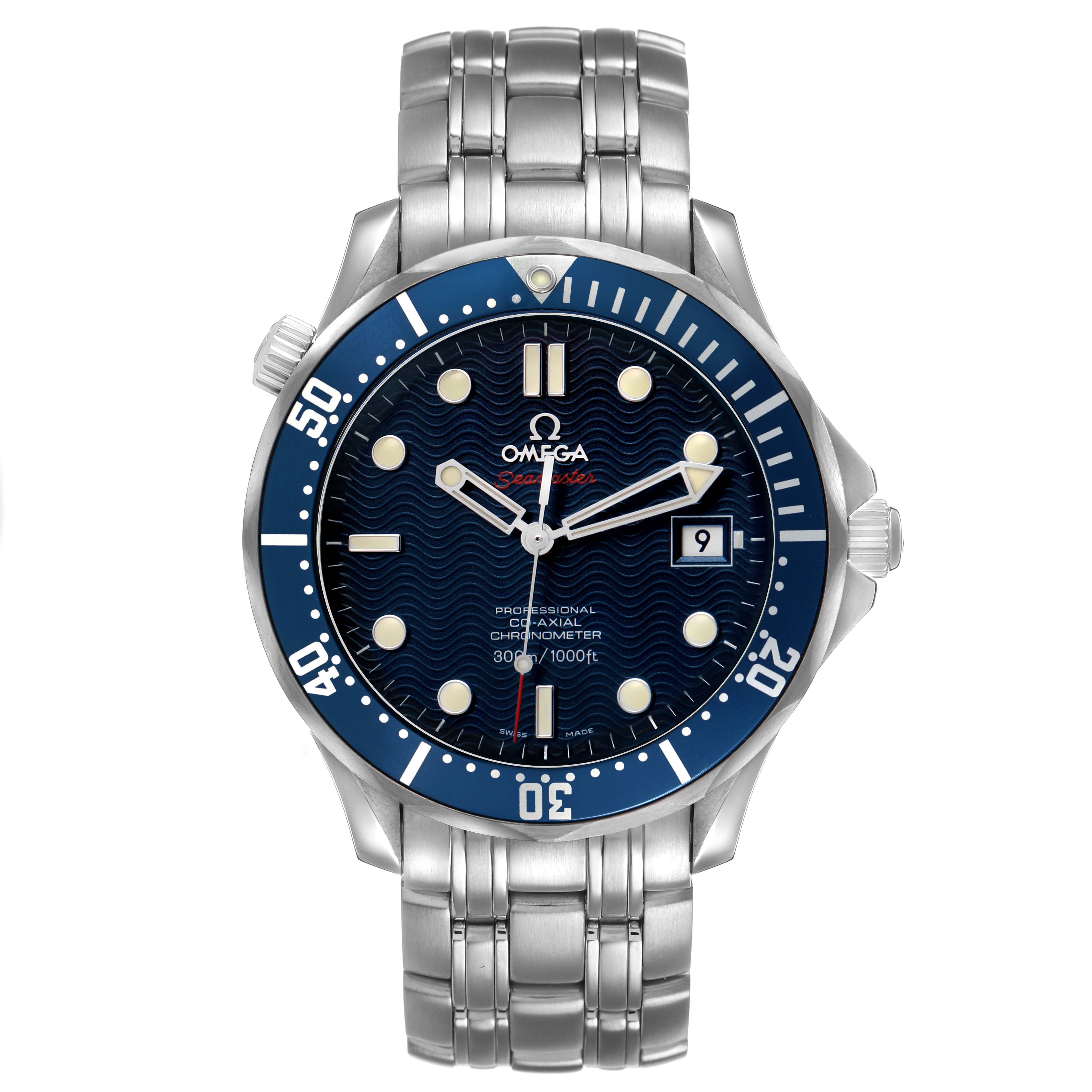The Omega Seamaster 2220.80.00 Men's Stainless Steel Blue Dial watch is shown from the front, displaying the dial, bezel, hands, and bracelet.
