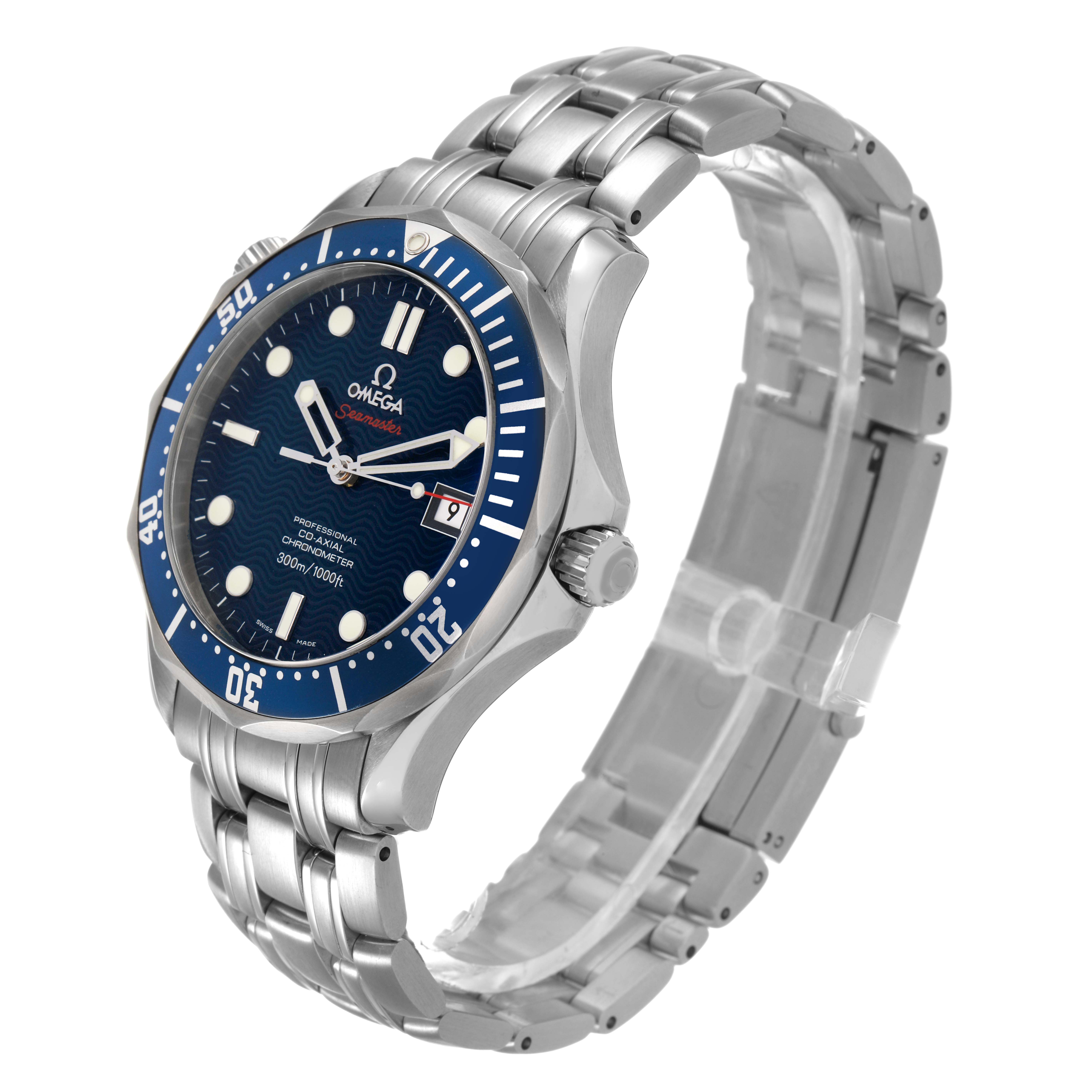 The Omega Seamaster 2220.80.00 Men's Stainless Steel Blue Dial watch is shown at a three-quarter angle, highlighting the bezel, face, crown, and stainless steel bracelet.