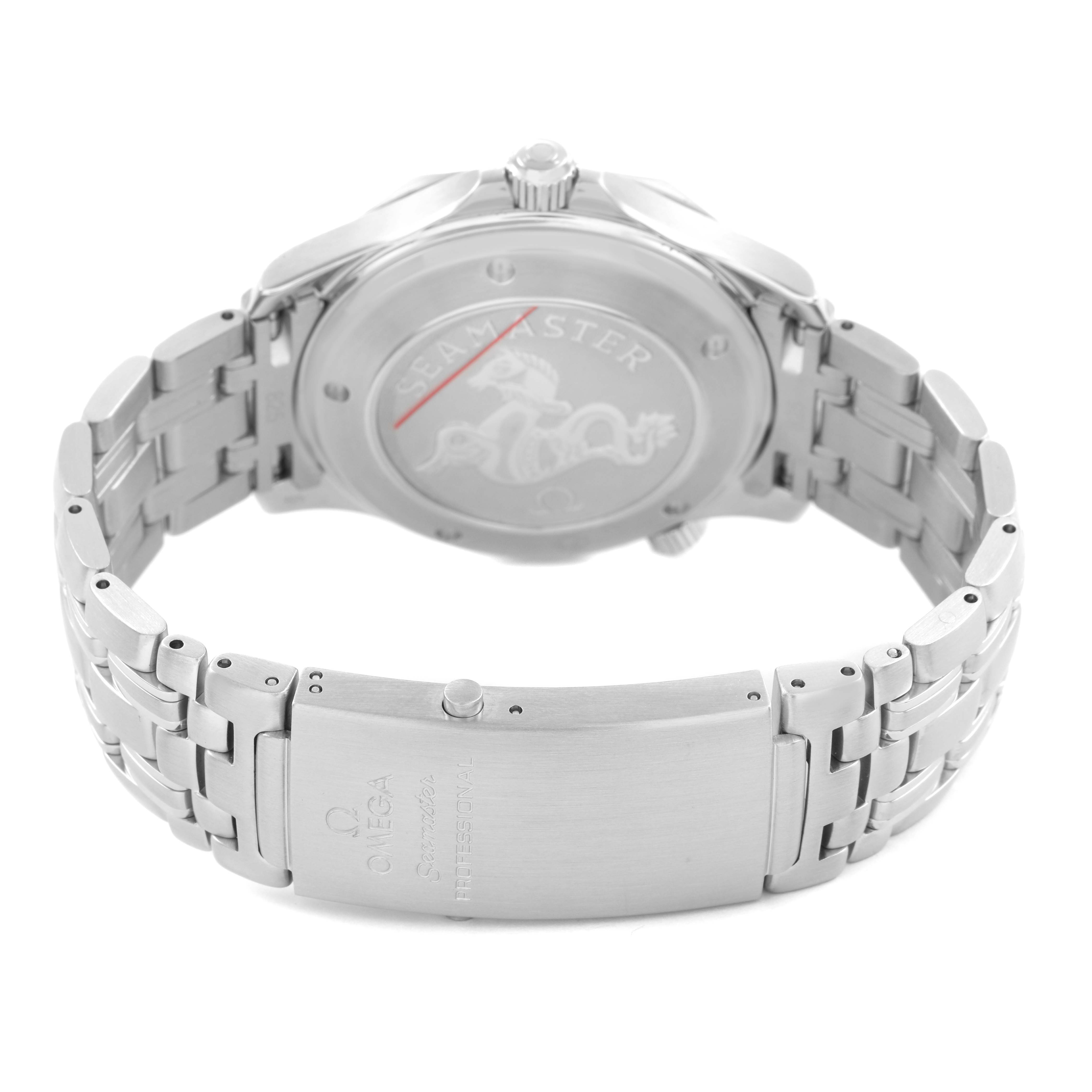 The image shows the back and clasp of an Omega Seamaster 2220.80.00 Men's Stainless Steel Blue Dial watch, highlighting the engraved case back and metal bracelet.