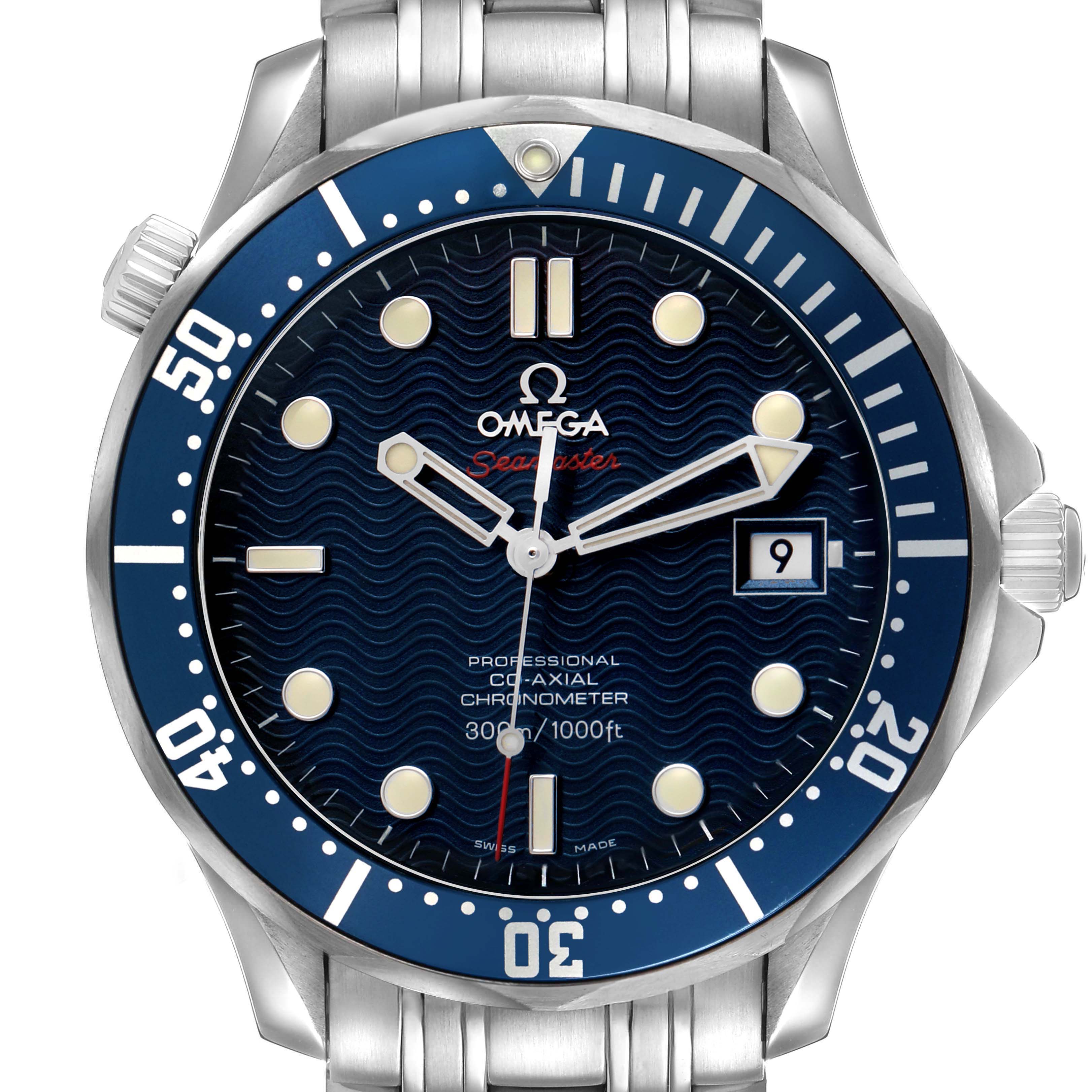 The Omega Seamaster 2220.80.00 Men's Stainless Steel Blue Dial watch is shown from the front, highlighting its blue dial, bezel, and date window, with a metal bracelet.