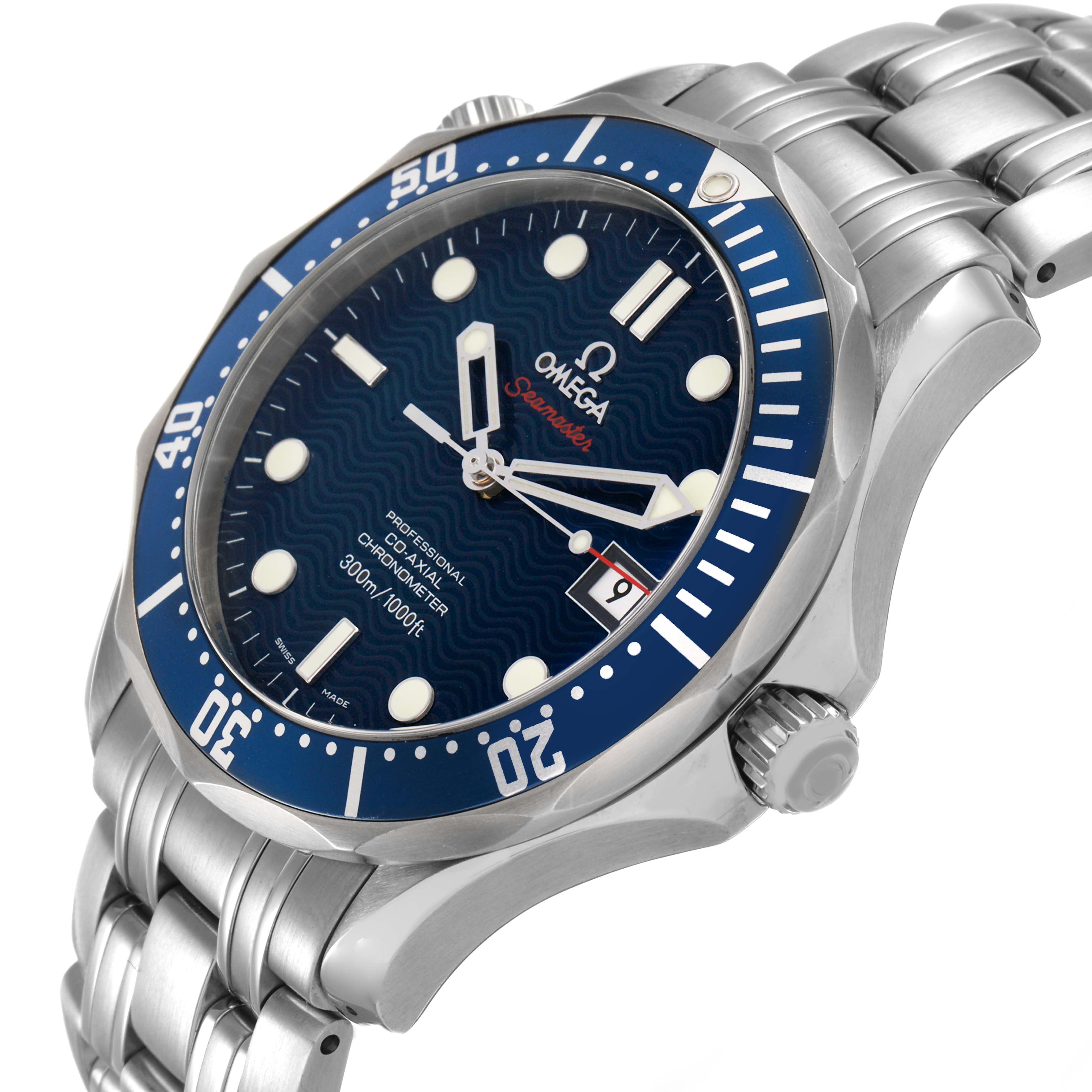 The Omega Seamaster 2220.80.00 Men's Stainless Steel Blue Dial watch is shown at a slight angled view, highlighting the blue dial, bezel, crown, and metal bracelet.