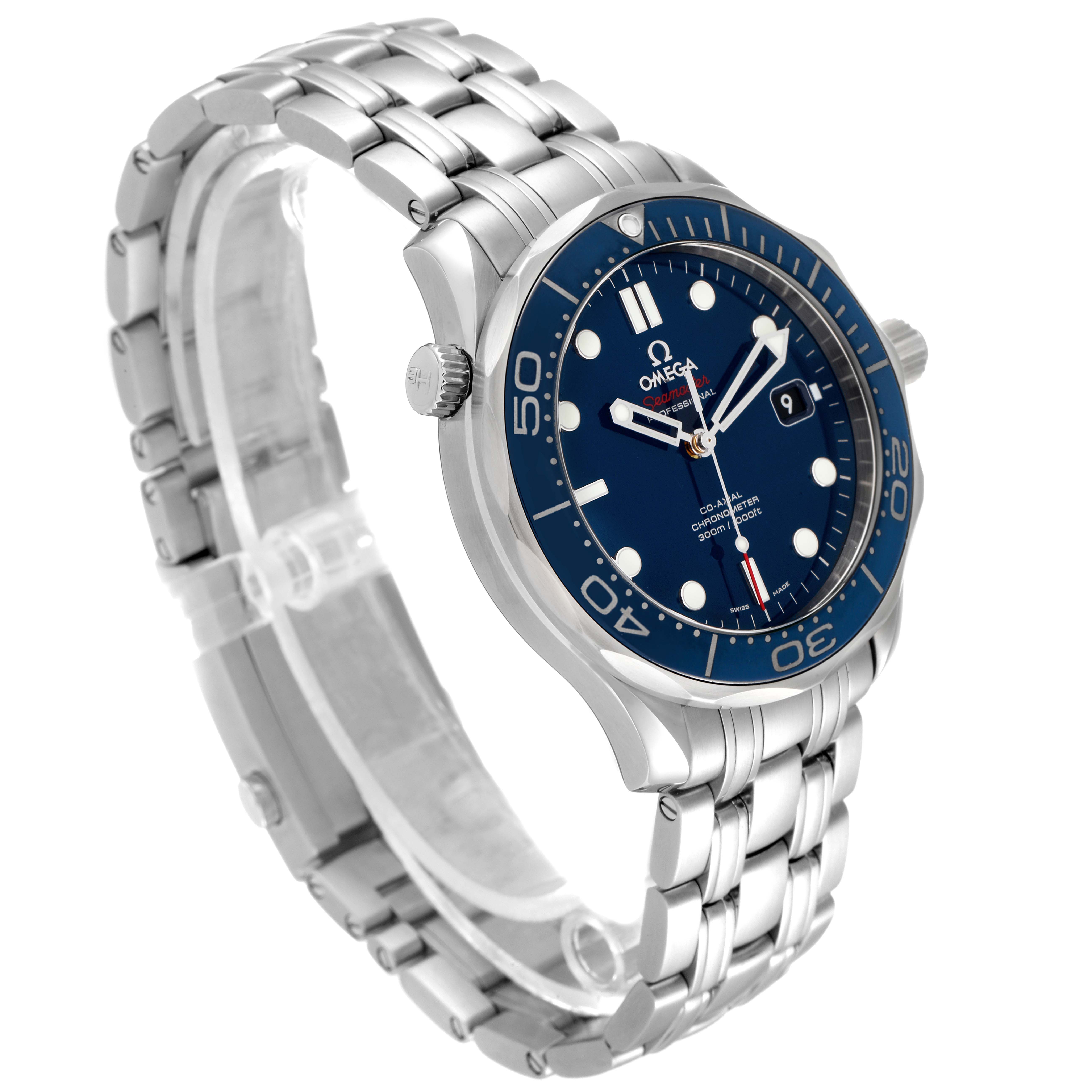 The image shows an Omega Seamaster 212.30.41.20.03.001 Men's Stainless Steel Blue Dial 212.30.41.20.03.001 Men's Stainless Steel Blue Dial watch angled from the front-left, highlighting its blue dial and stainless steel bracelet.