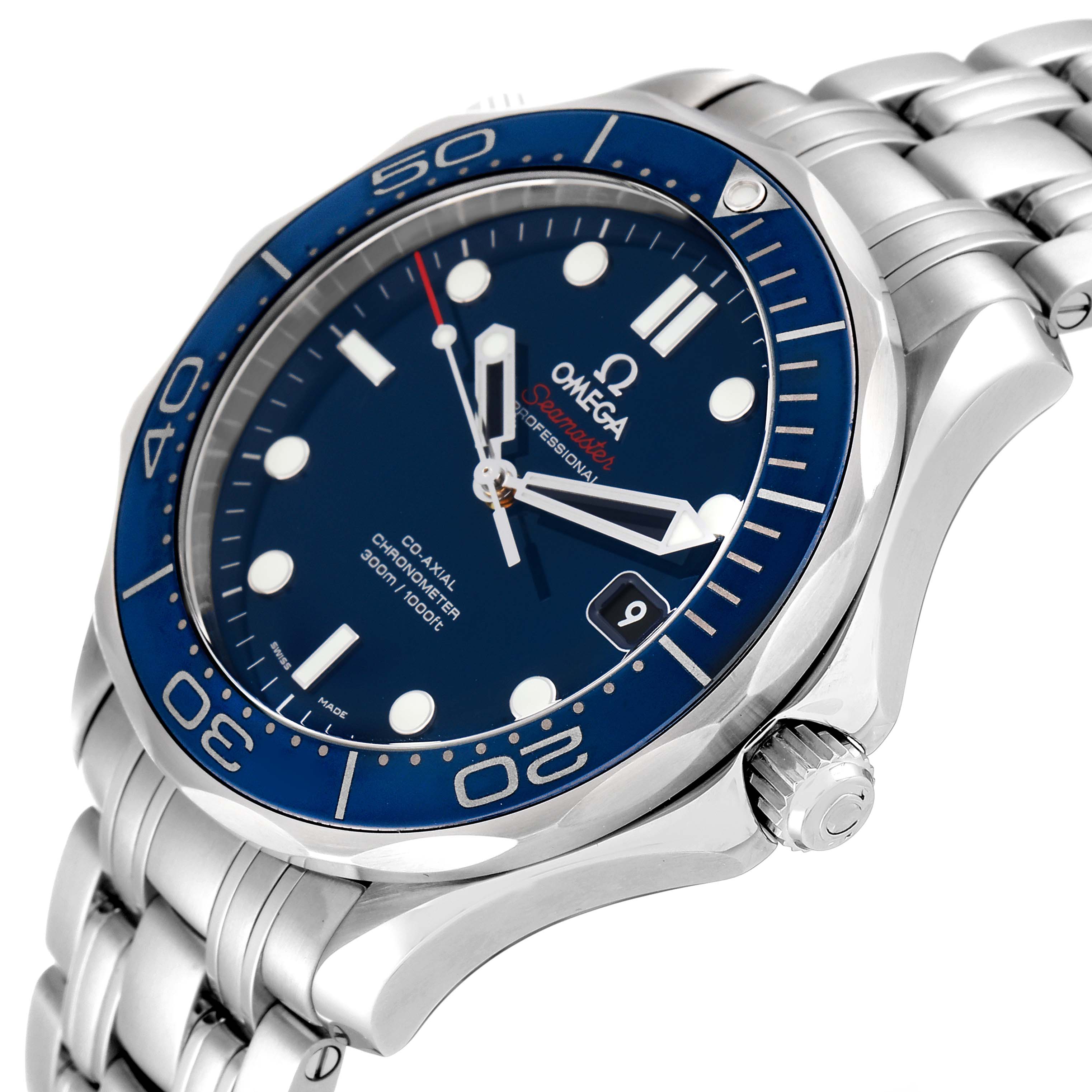 The image shows a close-up angled view of the Omega Seamaster 212.30.41.20.03.001 Men's Stainless Steel Blue Dial 212.30.41.20.03.001 Men's Stainless Steel Blue Dial watch, highlighting its face, bezel, and stainless steel bracelet.