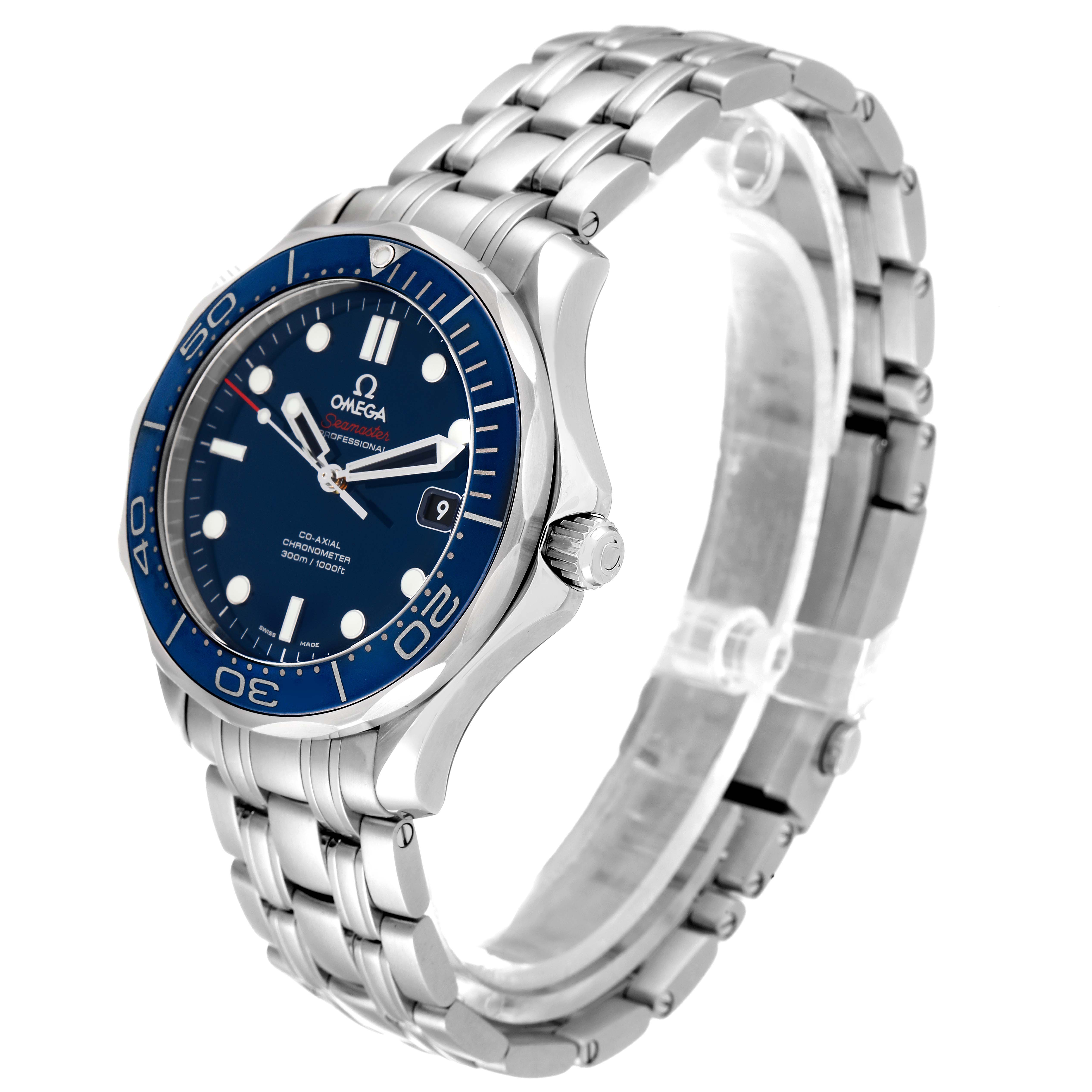 The image shows a side angled view of the Omega Seamaster 212.30.41.20.03.001 Men's Stainless Steel Blue Dial 212.30.41.20.03.001 Men's Stainless Steel Blue Dial watch, highlighting its face, bezel, crown, and bracelet.