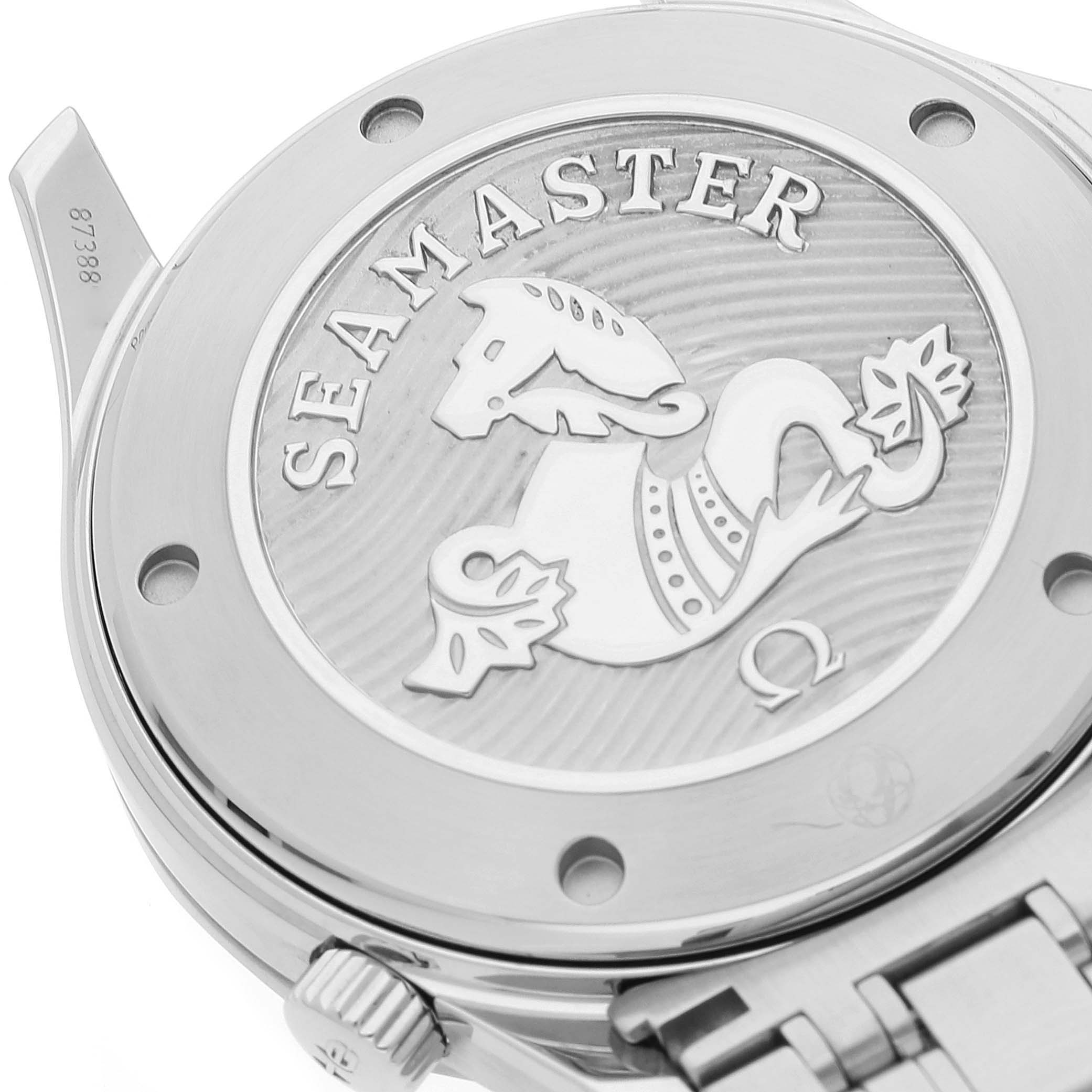 The image shows the back case of an Omega Seamaster 212.30.41.20.03.001 Men's Stainless Steel Blue Dial 212.30.41.20.03.001 Men's Stainless Steel Blue Dial watch, highlighting its engraved logo and part of the bracelet.