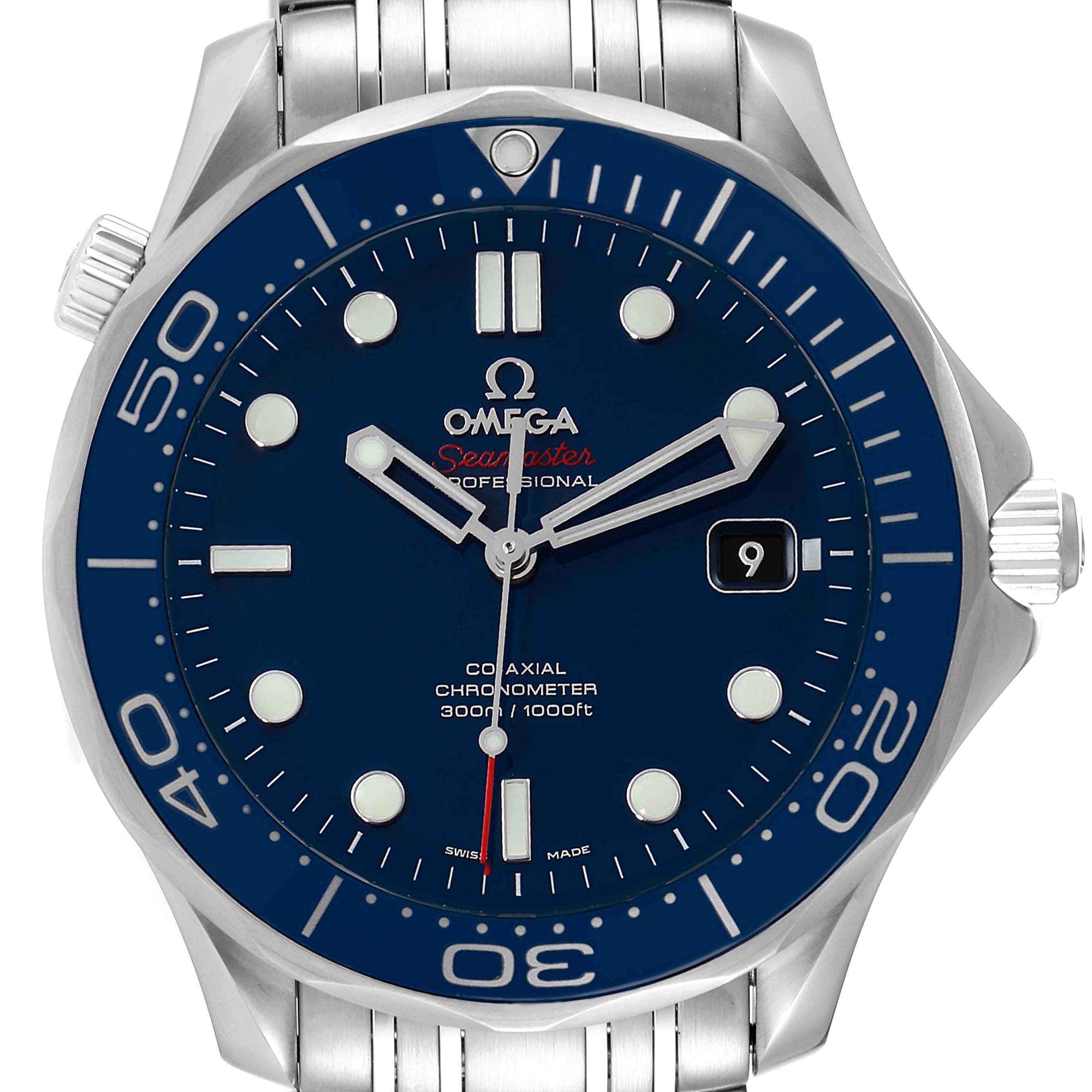 The image shows a front view of an Omega Seamaster 212.30.41.20.03.001 Men's Stainless Steel Blue Dial 212.30.41.20.03.001 Men's Stainless Steel Blue Dial watch, highlighting its blue dial, date window, crown, and diving bezel.