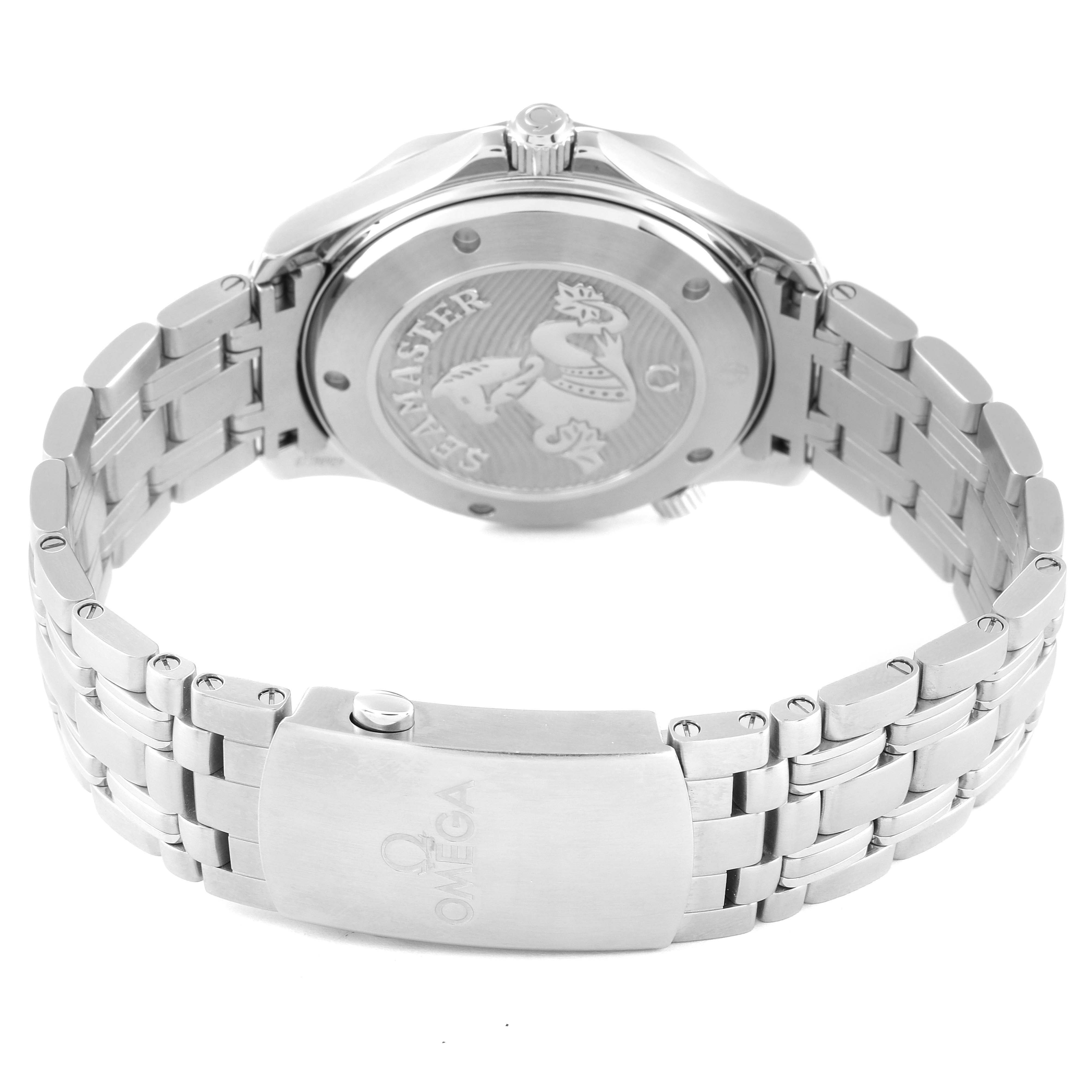 The image shows the back and bracelet of an Omega Seamaster 212.30.41.20.03.001 Men's Stainless Steel Blue Dial 212.30.41.20.03.001 Men's Stainless Steel Blue Dial watch, highlighting the clasp and case back with the Seamaster logo.