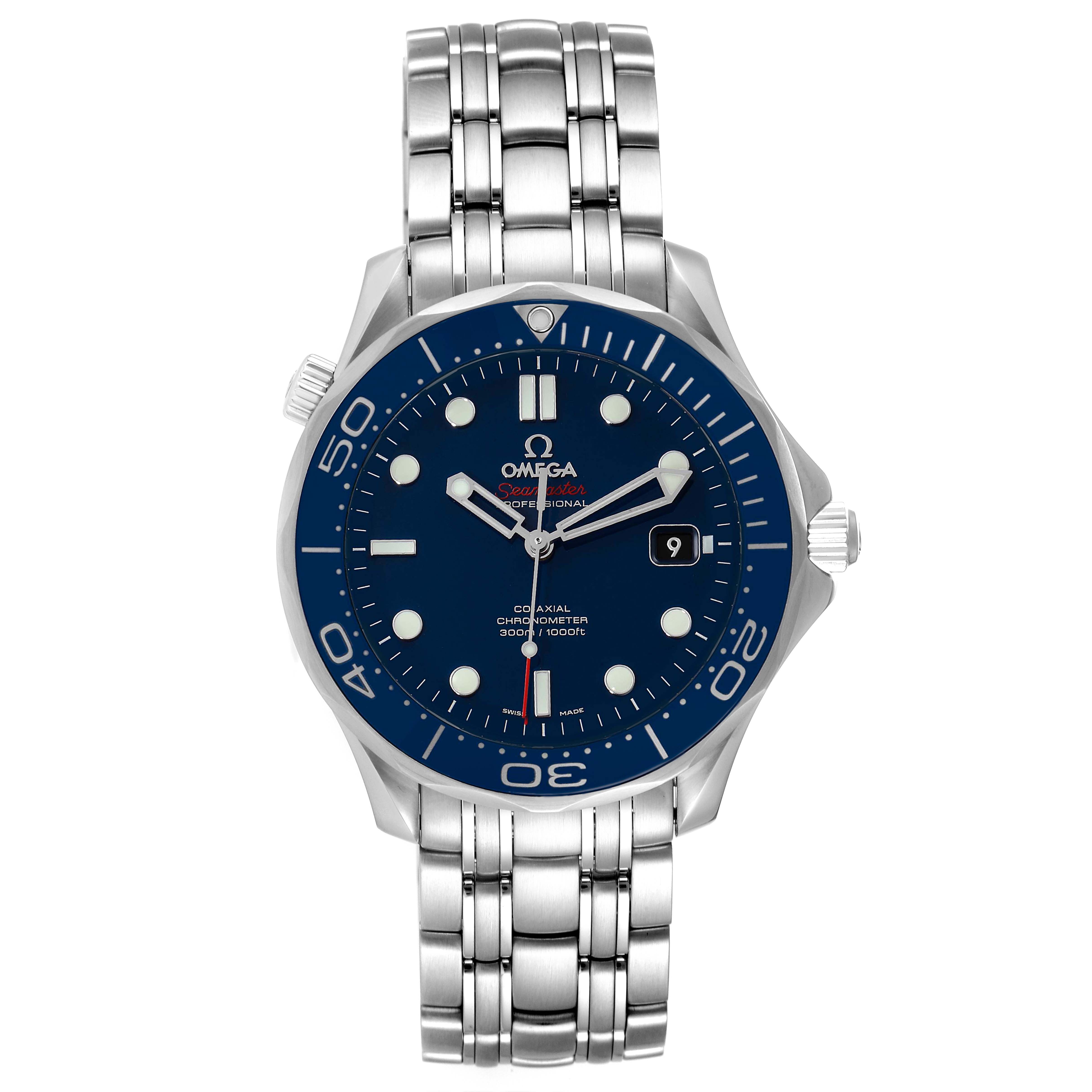 The image shows a front view of an Omega Seamaster 212.30.41.20.03.001 Men's Stainless Steel Blue Dial 212.30.41.20.03.001 Men's Stainless Steel Blue Dial watch, highlighting its blue dial, bezel, and stainless steel bracelet.