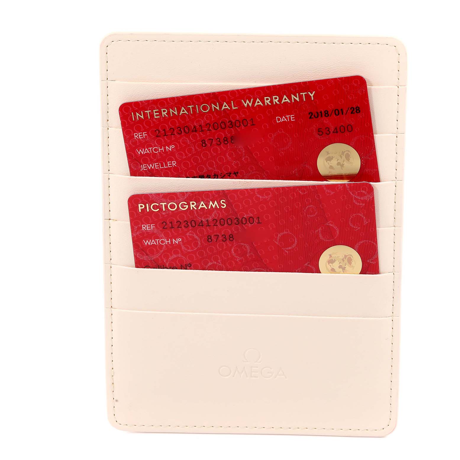 The image shows two warranty and information cards for the Omega Seamaster 212.30.41.20.03.001 Men's Stainless Steel Blue Dial 212.30.41.20.03.001 Men's Stainless Steel Blue Dial, held in a beige cardholder.