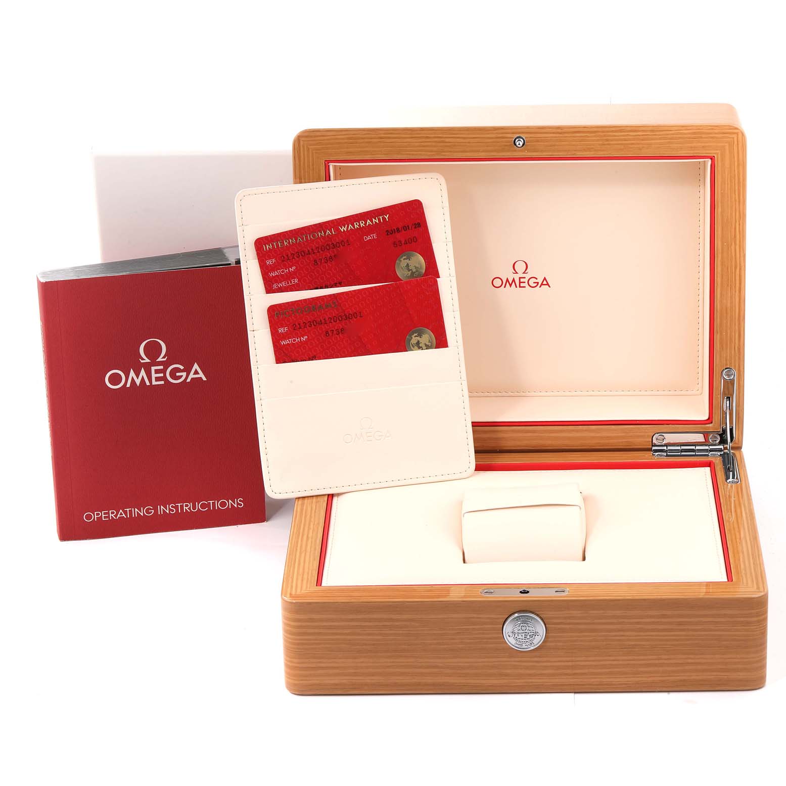 The image shows the Omega Seamaster 212.30.41.20.03.001 Men's Stainless Steel Blue Dial 212.30.41.20.03.001 Men's Stainless Steel Blue Dial watch box, warranty cards, and operating instructions, photographed from the front angle.