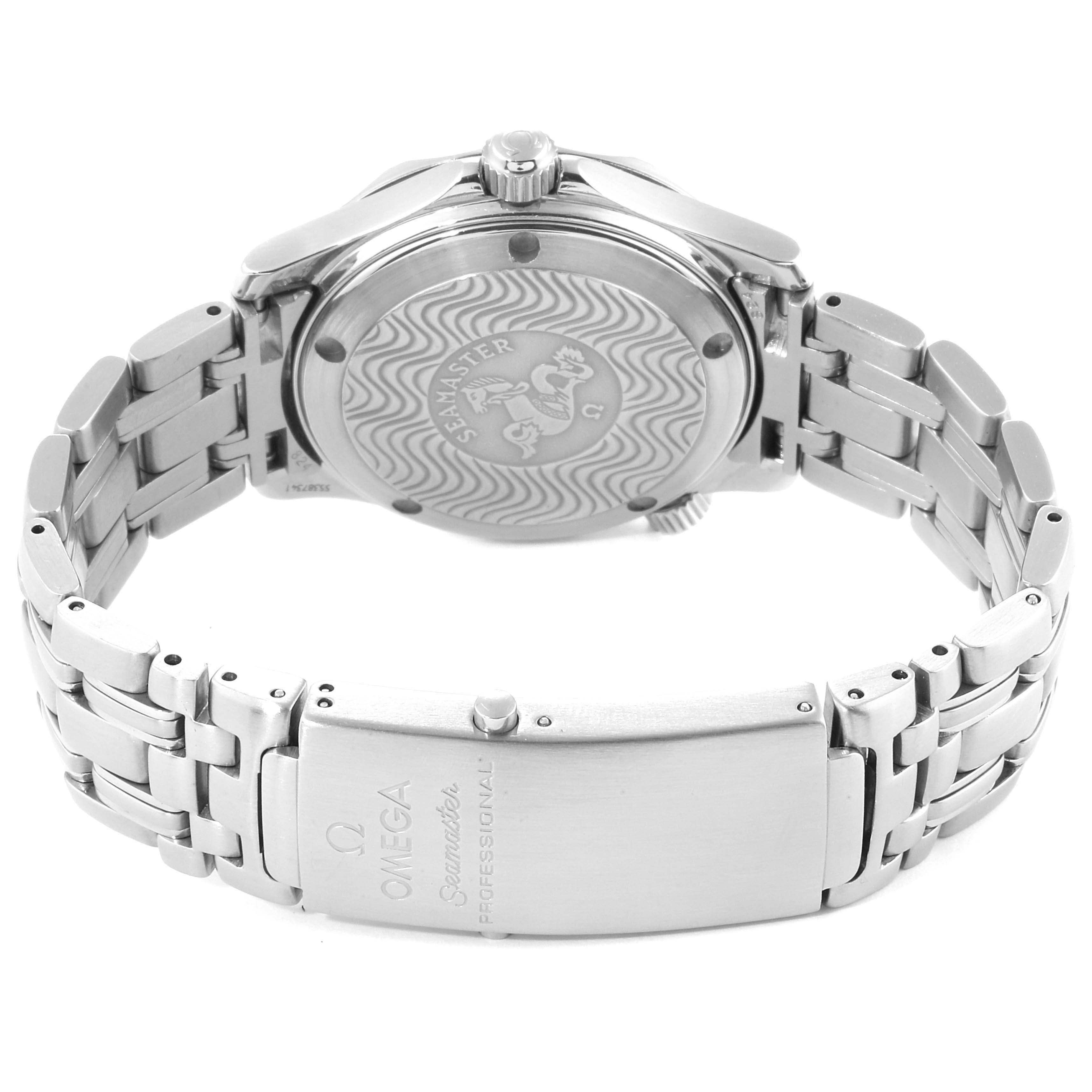 This Omega Seamaster 2561.80.00 Men
s Stainless Steel Blue Dial 2561.80.00 Men
s Stainless Steel Blue Dial watch is shown from the back, highlighting the embossed case back and metal bracelet with clasp.