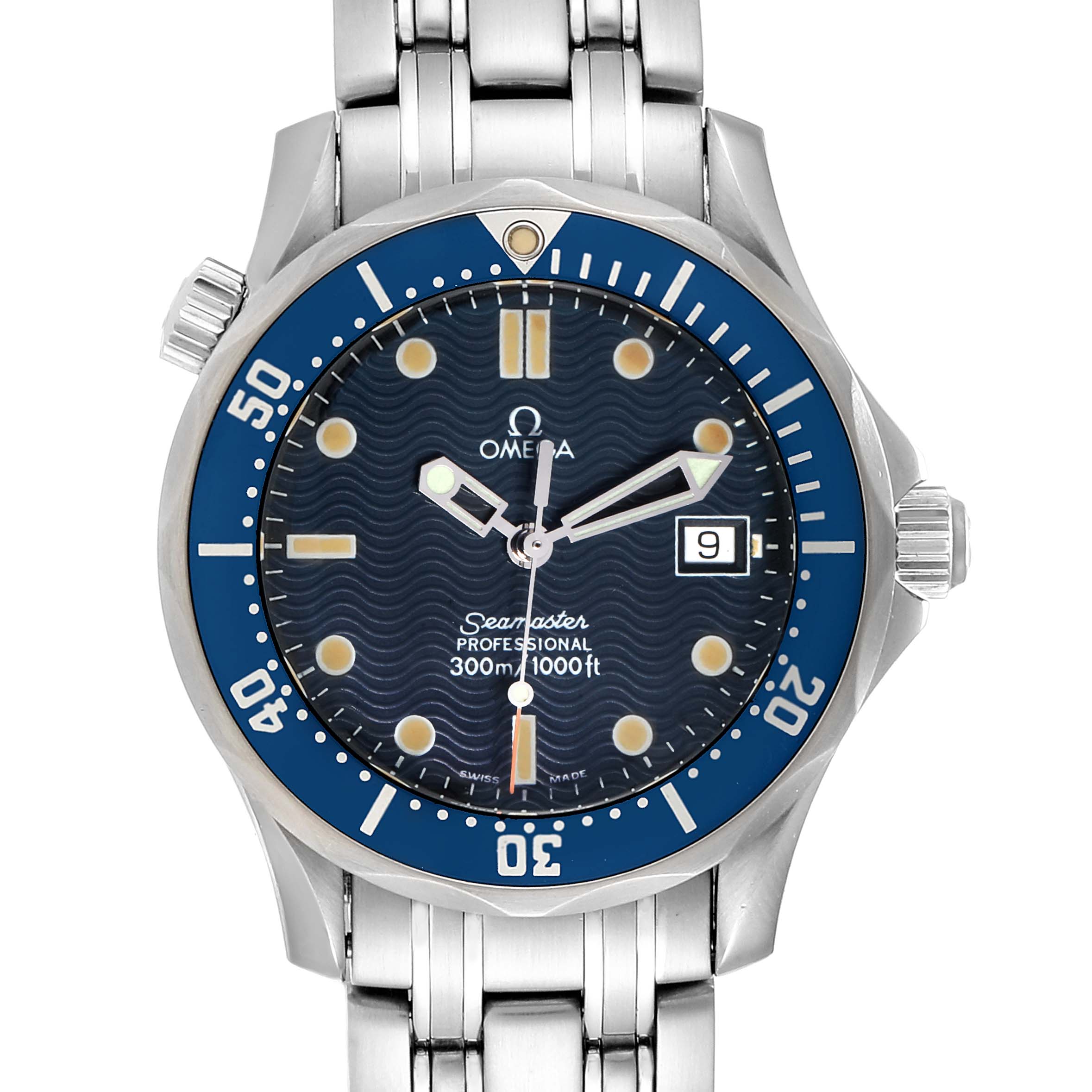 The image shows a front view of an Omega Seamaster 2561.80.00 Men
s Stainless Steel Blue Dial 2561.80.00 Men
s Stainless Steel Blue Dial Professional watch with a blue bezel and a silver stainless steel band.