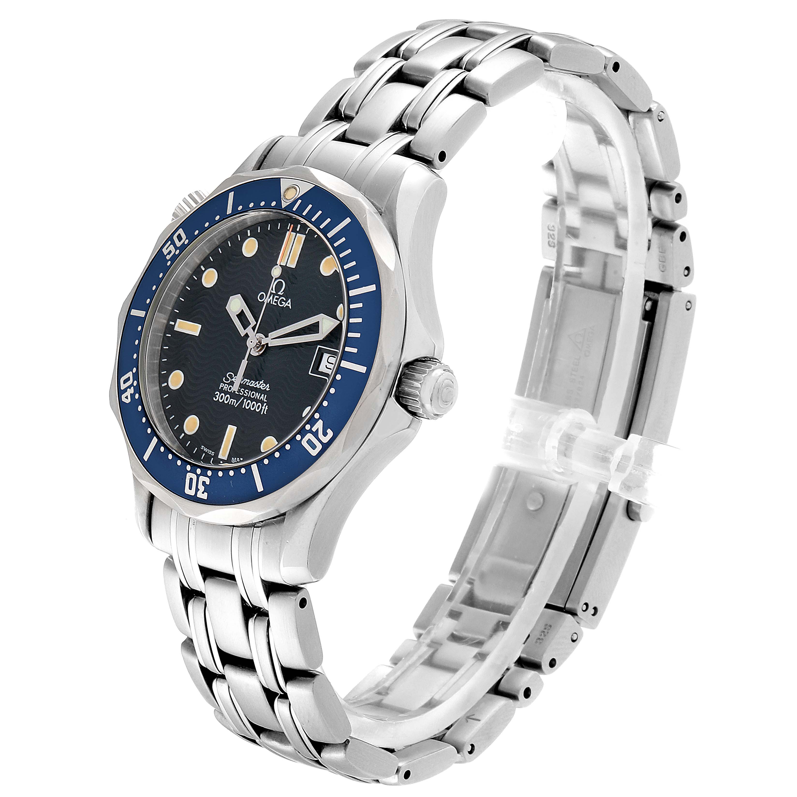 The Omega Seamaster 2561.80.00 Men
s Stainless Steel Blue Dial 2561.80.00 Men
s Stainless Steel Blue Dial watch is shown at a three-quarter angle, displaying its face, bezel, crown, and metal bracelet.