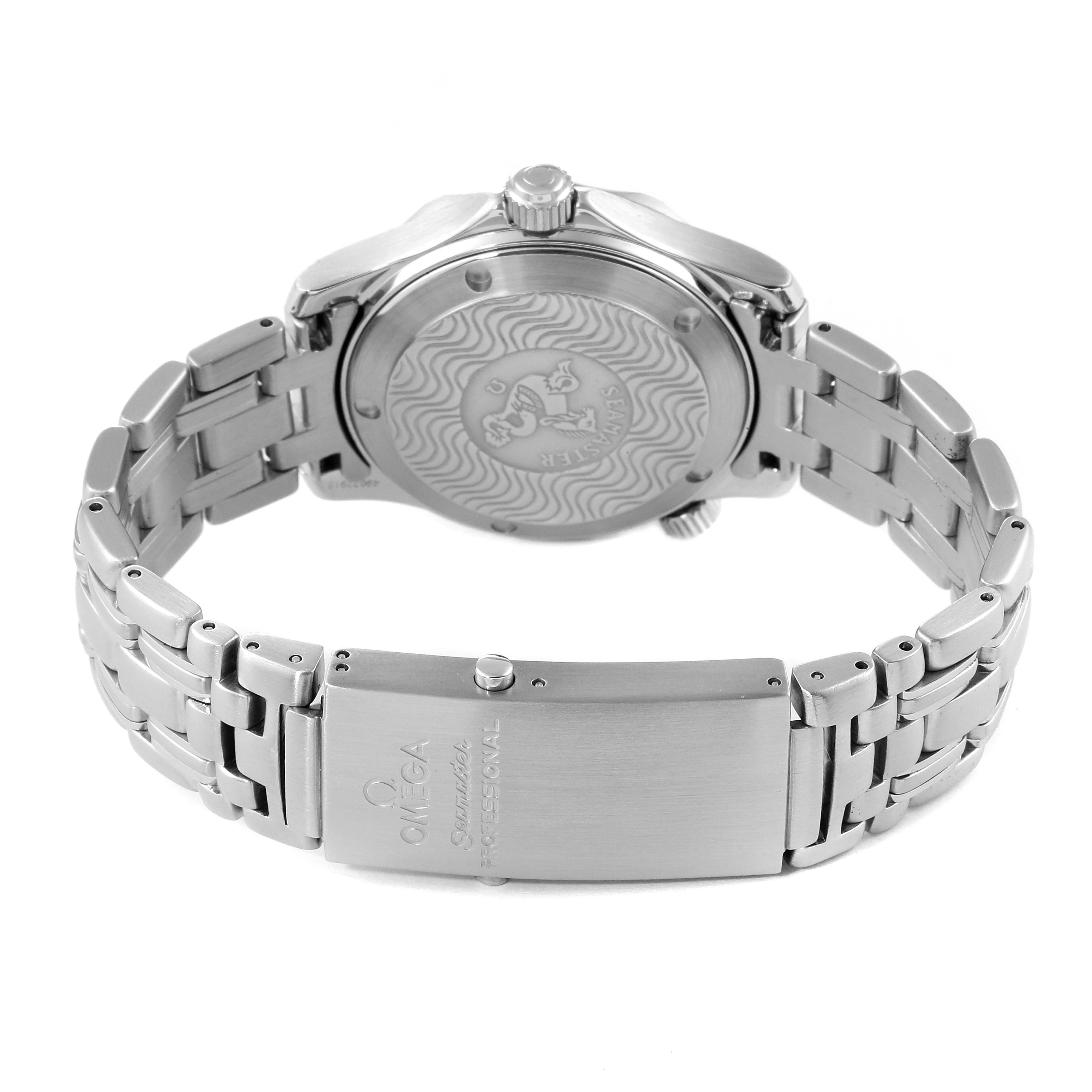 This image shows the backside and clasp of an Omega Seamaster 2551.80.00 Men's Stainless Steel Blue Dial 2551.80.00 Men's Stainless Steel Blue Dial watch, highlighting its stainless steel bracelet and case back design.