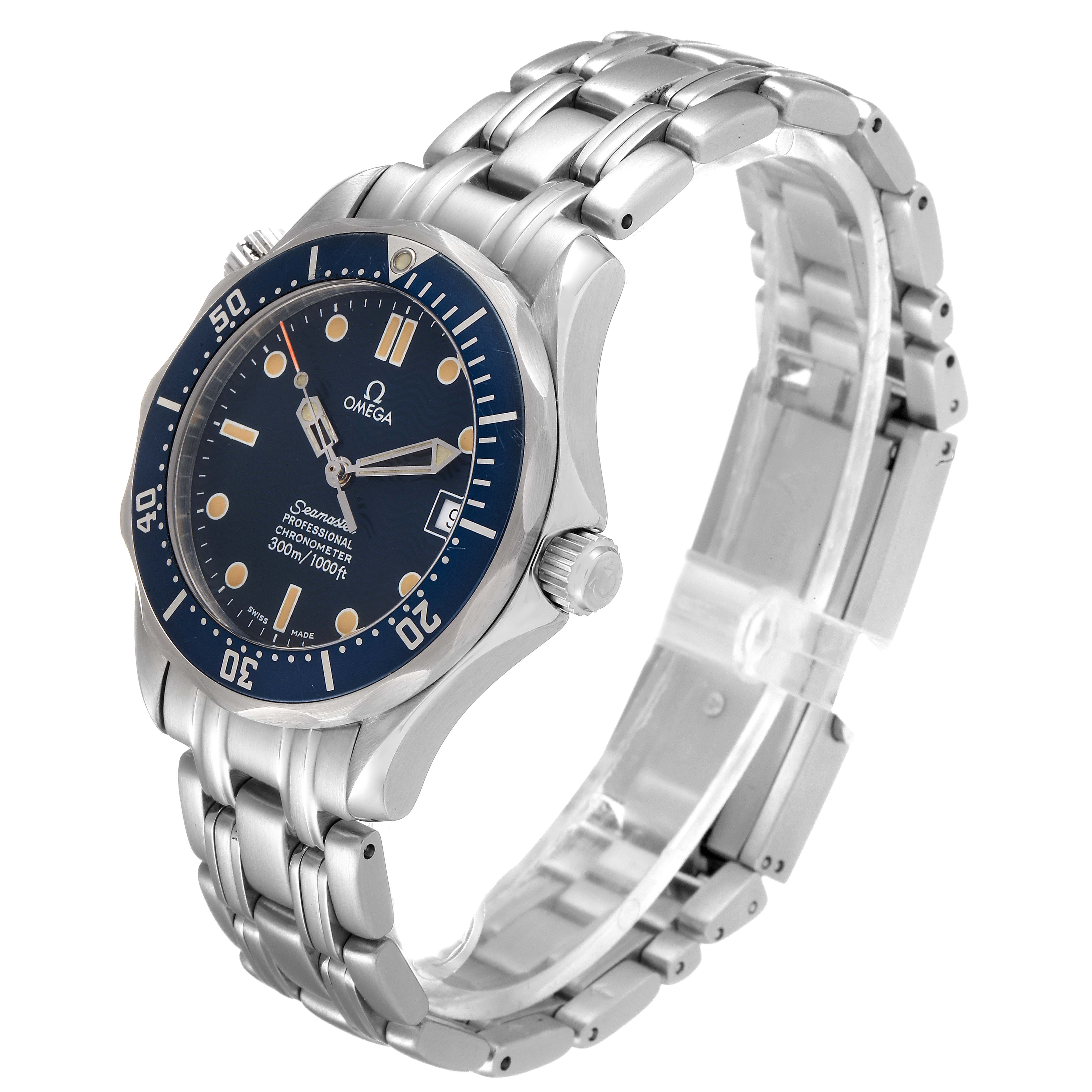 The image shows a side-angle view of the Omega Seamaster 2551.80.00 Men's Stainless Steel Blue Dial 2551.80.00 Men's Stainless Steel Blue Dial watch, displaying its face, bezel, and stainless steel bracelet.