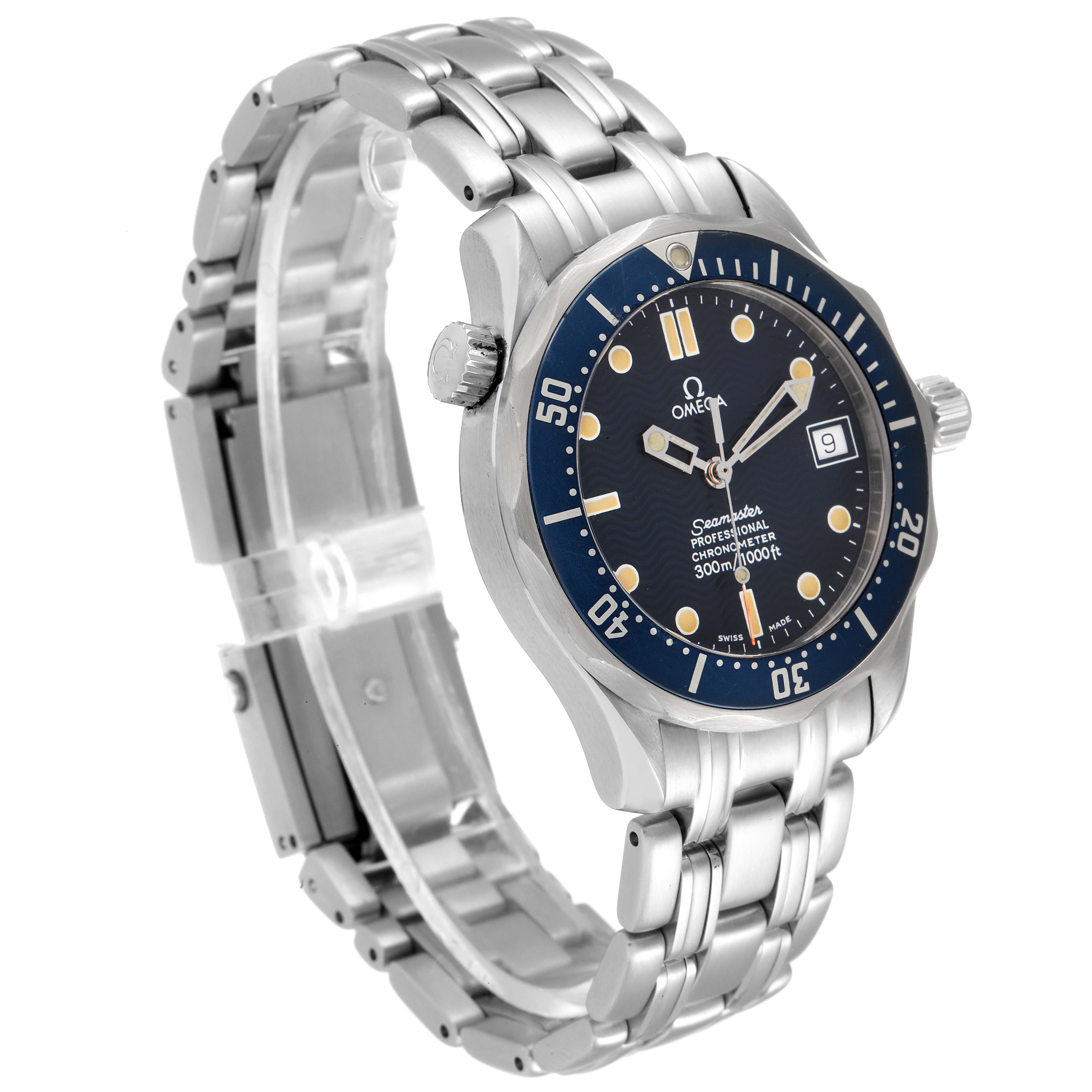 The image shows an angled view of an Omega Seamaster 2551.80.00 Men's Stainless Steel Blue Dial 2551.80.00 Men's Stainless Steel Blue Dial watch, displaying the face, bezel, crown, and metal bracelet.