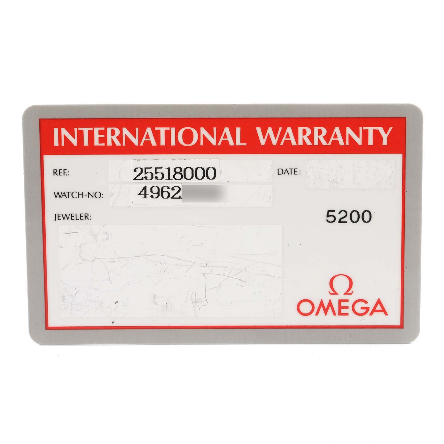 This image shows the international warranty card for the Omega Seamaster 2551.80.00 Men's Stainless Steel Blue Dial 2551.80.00 Men's Stainless Steel Blue Dial watch model.