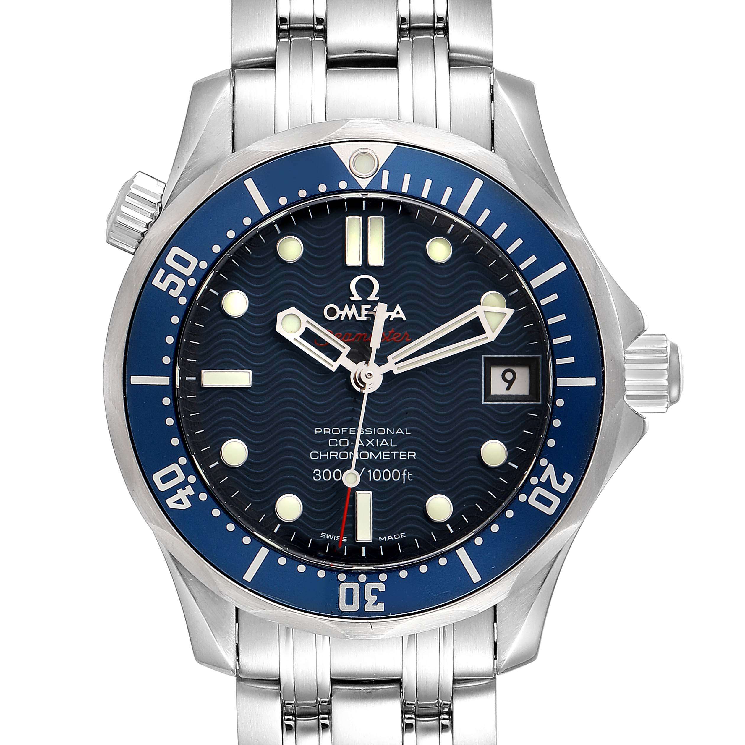 The Omega Seamaster 2222.80.00 Men's Stainless Steel Blue Dial 2222.80.00 Men's Stainless Steel Blue Dial watch is shown from a front angle, displaying its face, bezel, and stainless steel bracelet.